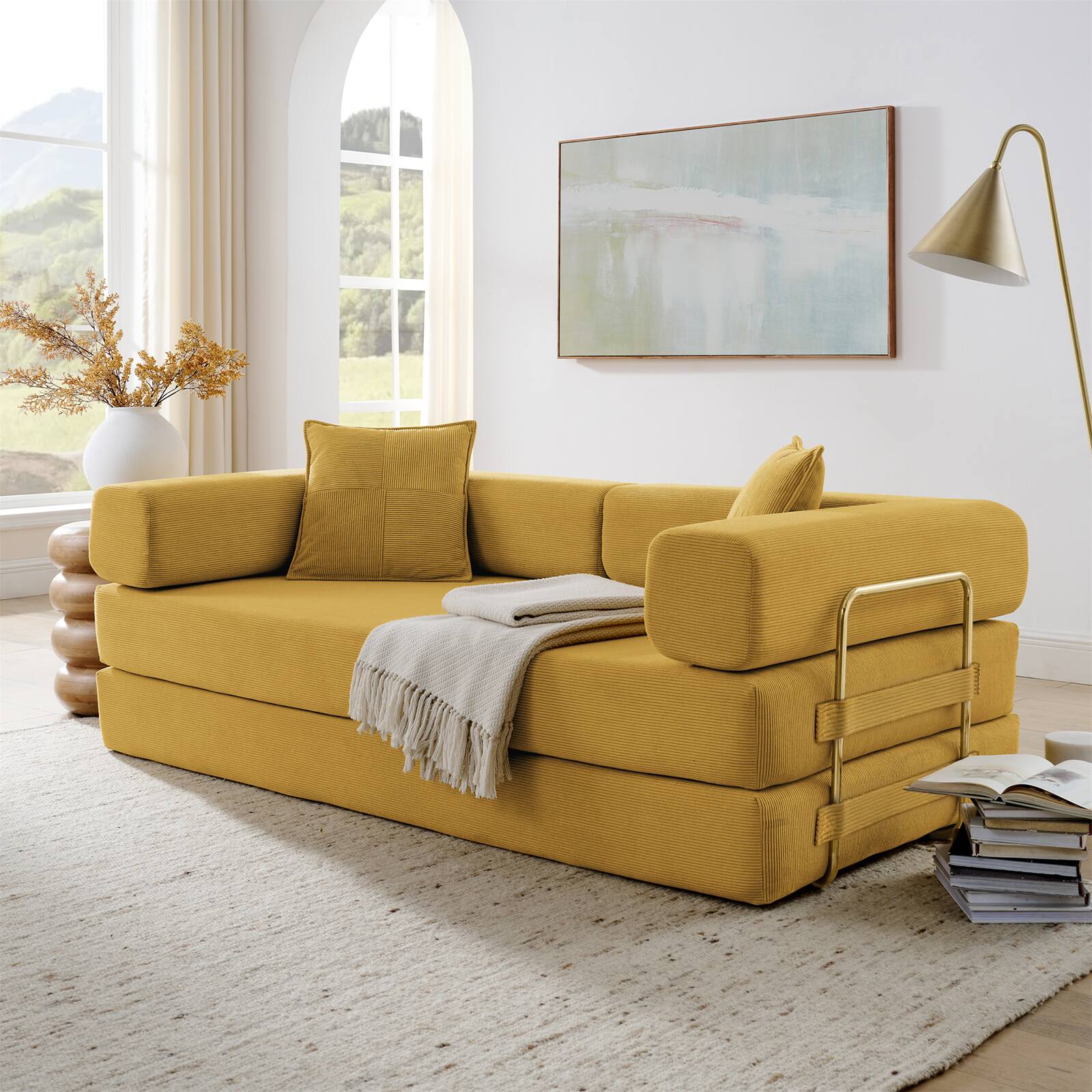 Angle. Trinkets Crazed - 4-In-1 Free Combination Loveseat Convertible Sleeper Sofa Bed Floding Futon Couch Corduroy Modular Sofa Couch - Yellow.