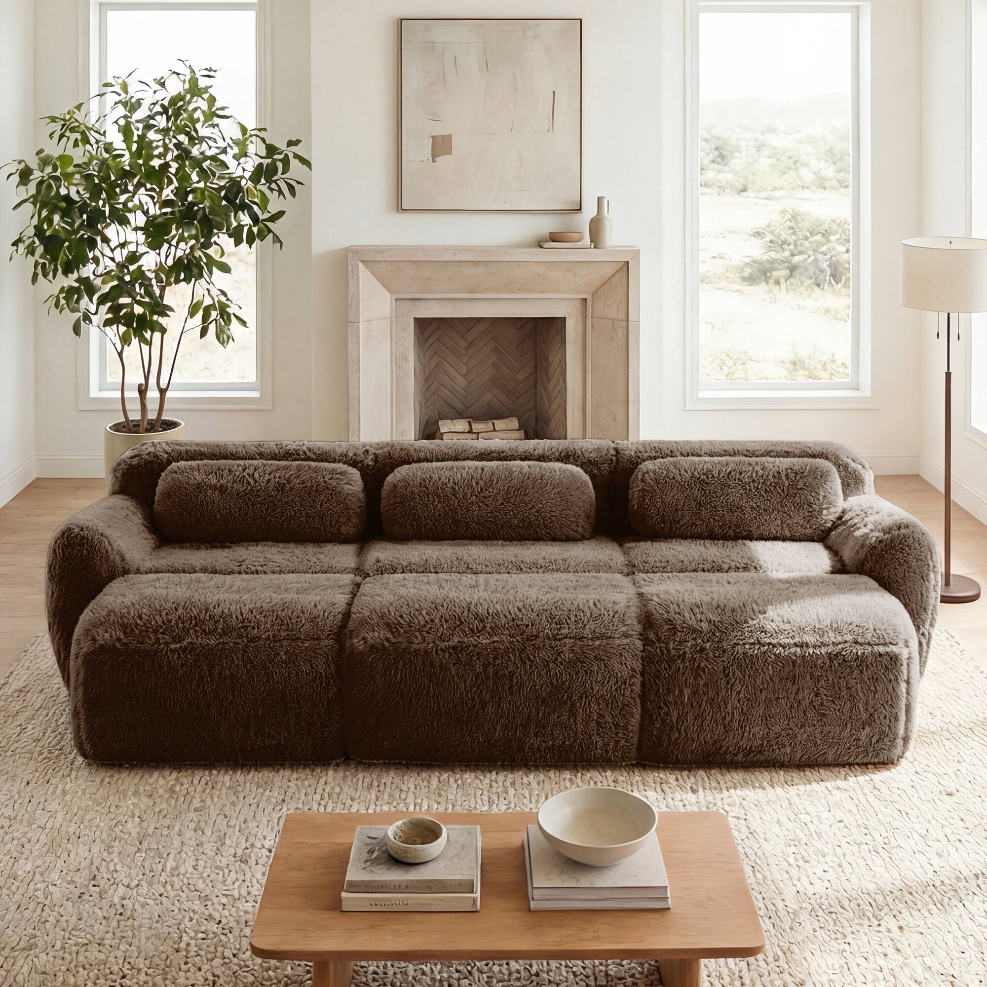 Front. LOVMOR - 3 Seater Modular Storage Ottoman Plush Ottoman No Assembly Compressed Pack Anti Slip For Bedroom Home Cloud TV - Chocolate.