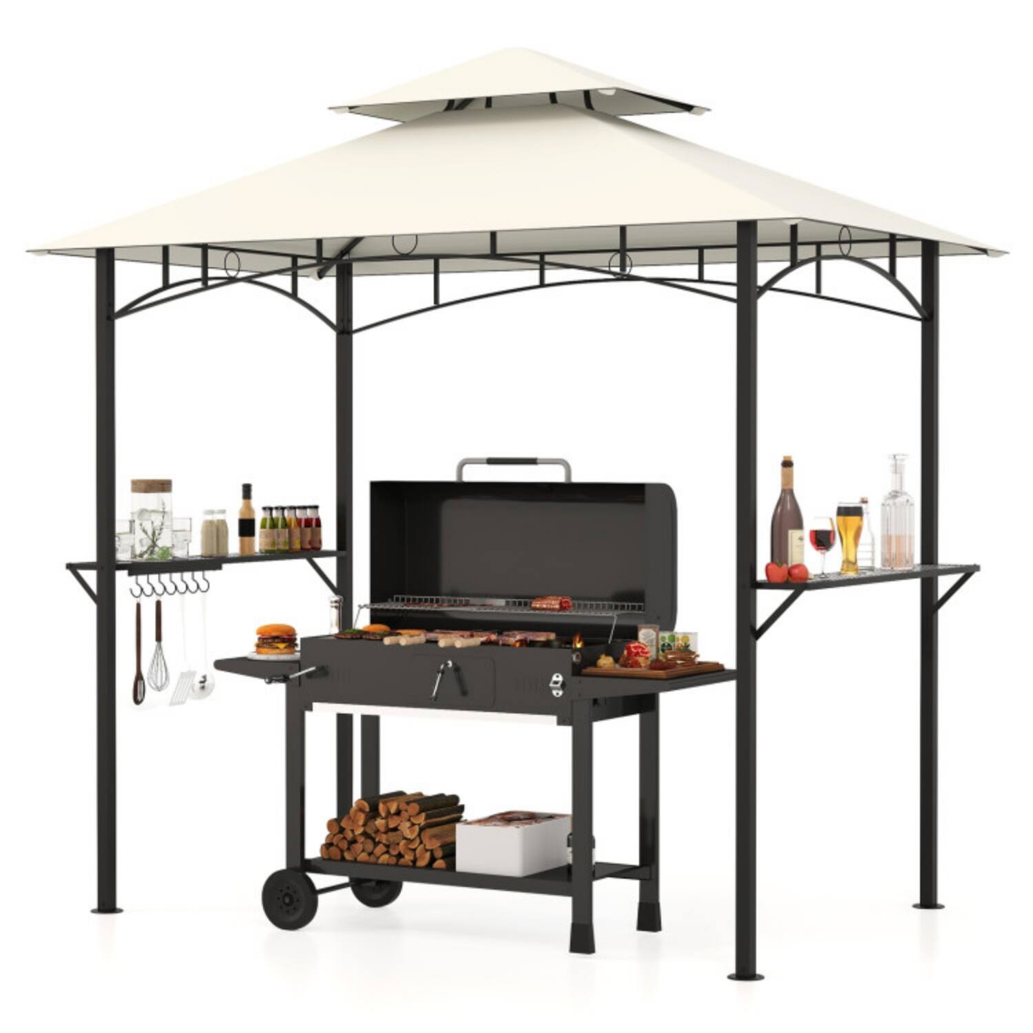 Alt View 4. Mondawe - 8 x 5 FT Freestanding Grill Gazebo Canopy with 2 Shelves and 7 Hooks - Beige.