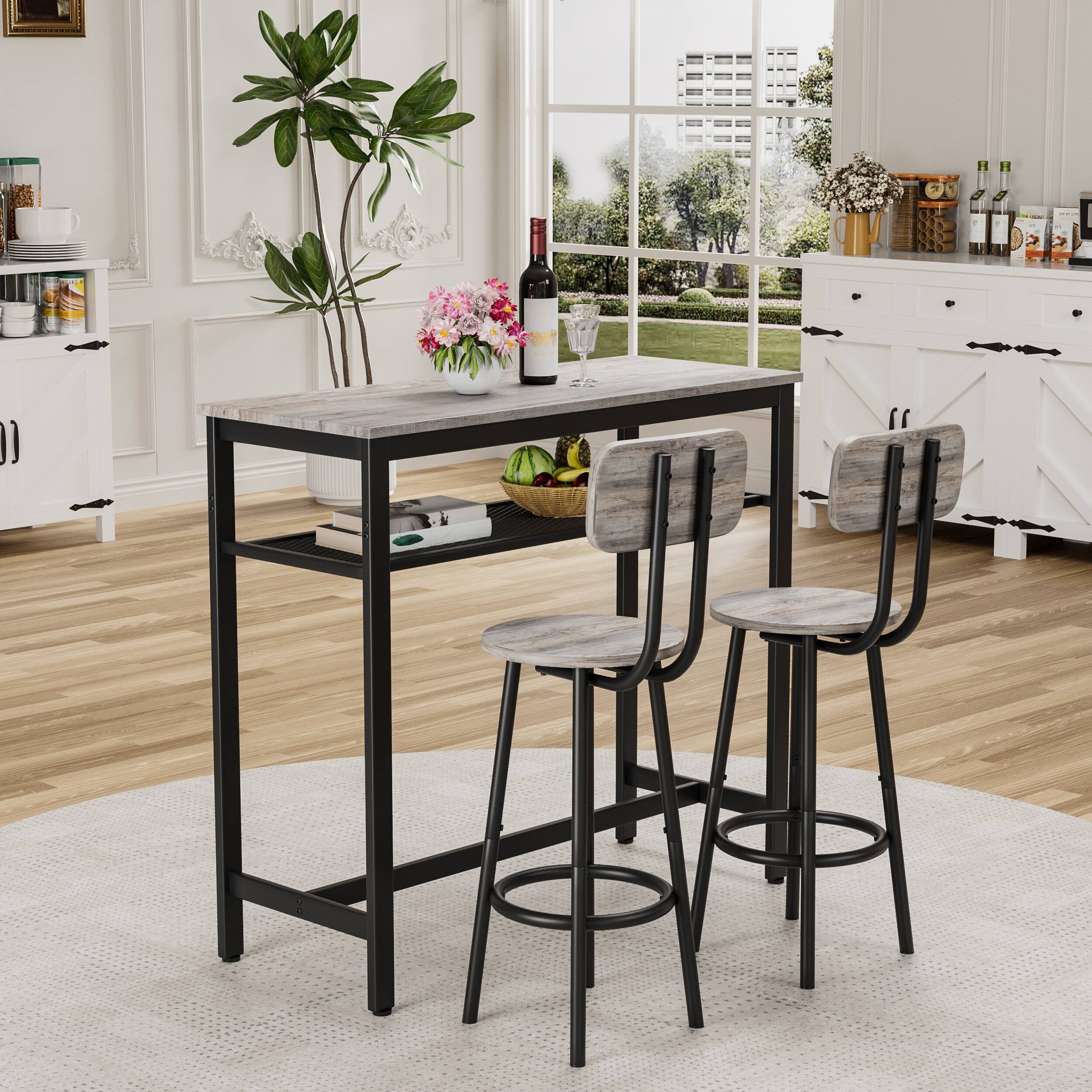 Alt View 4. APRILSOUL - Bar Table and Chairs Set Square Table 2 Stools Dining Pub Set 2 Space Saving Grey - Grey.