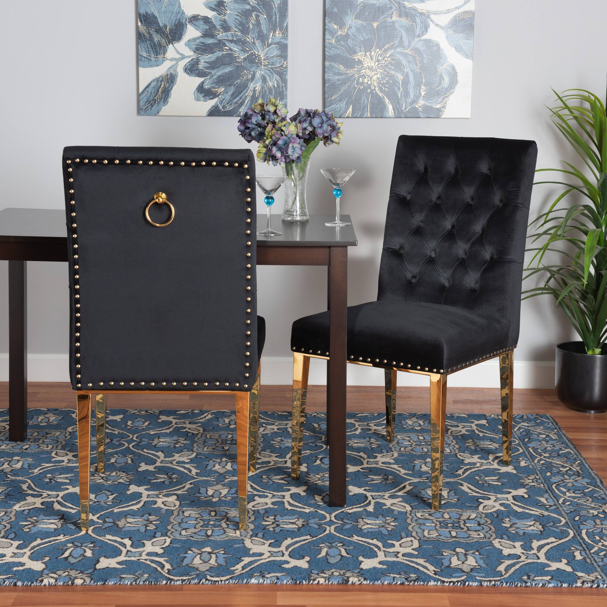 Alt View 4. Baxton Studio - Caspera Contemporary Glam and Luxe Velvet Fabric and Gold Metal 2-Piece Dining Chair Set - Black/Gold.