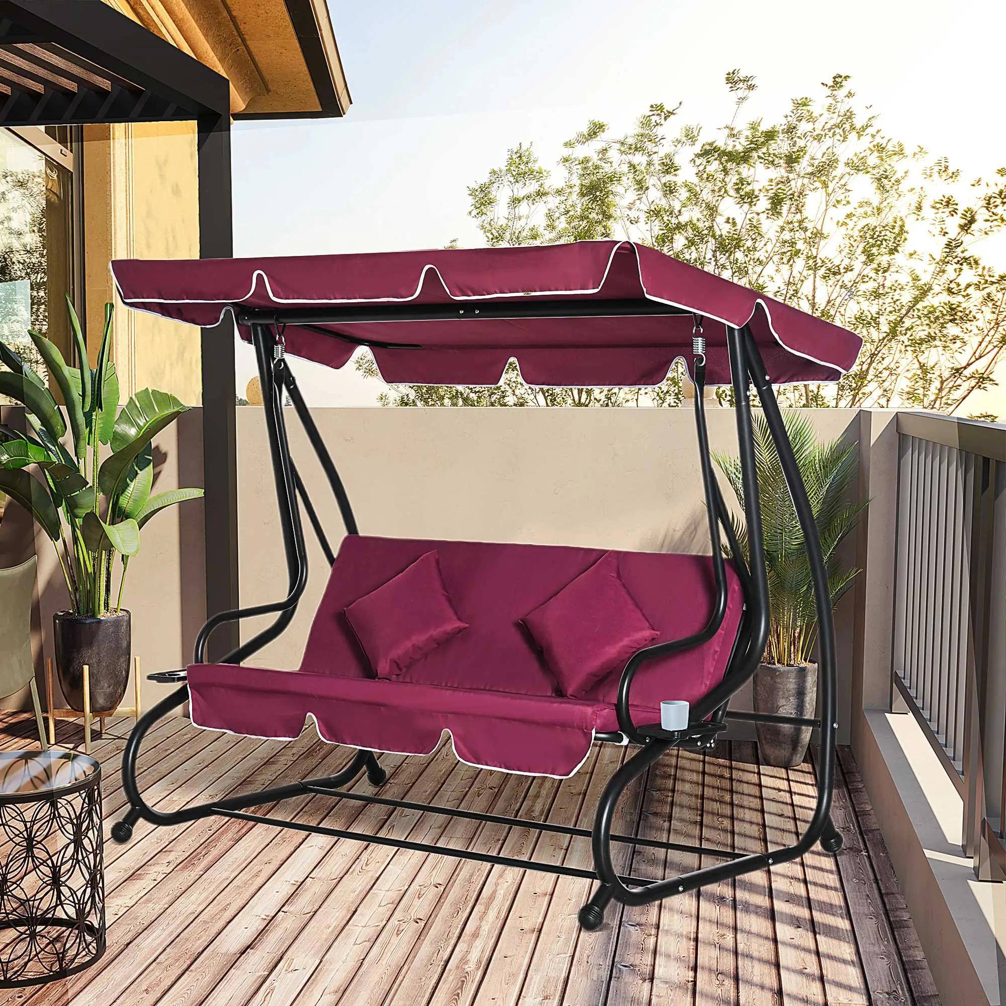 Alt View 8. Resenkos - Resenkos 3-Seat Swing Chair, Convertible Flatbed Glider With Adjustable Canopy, Wine Red.