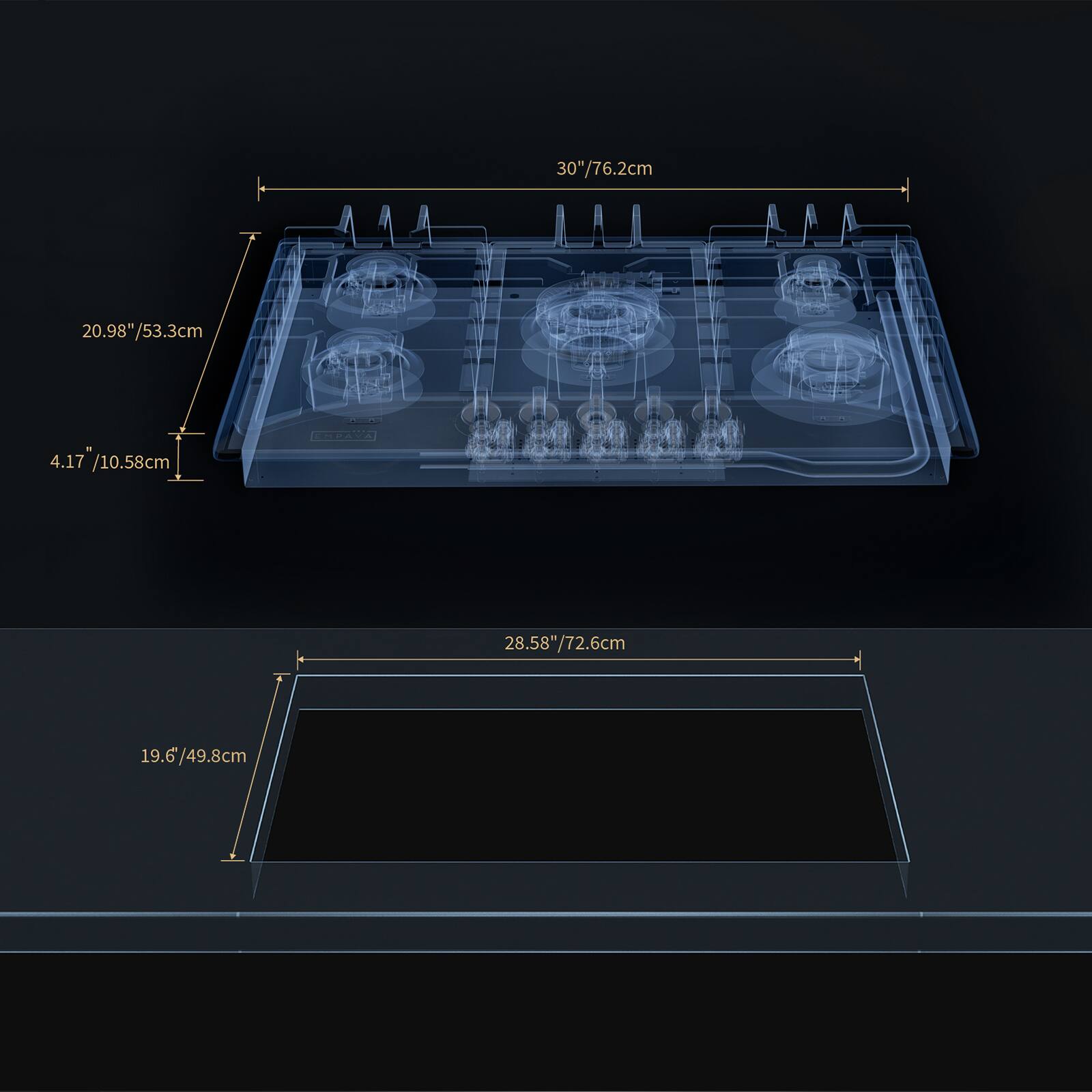 30"/76.2cm, 20.98"/53.3cm, 4.17 /10.58cm, 28.58"/72.6cm, 19.6/49.8cm