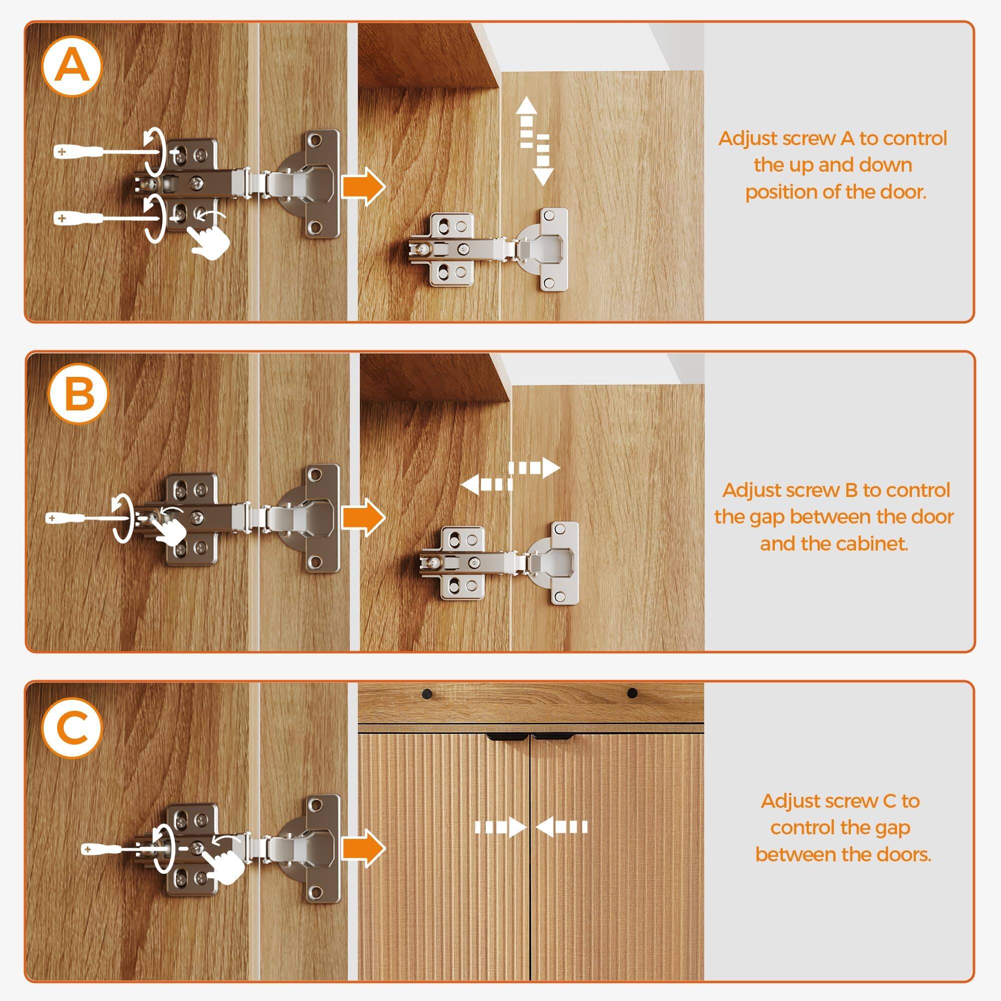 A. Adjust screw A to control the up and down position of the door.

B. Adjust screw B to control the gap between the door and the cabinet.

C. Adjust screw C to control the gap between the doors.