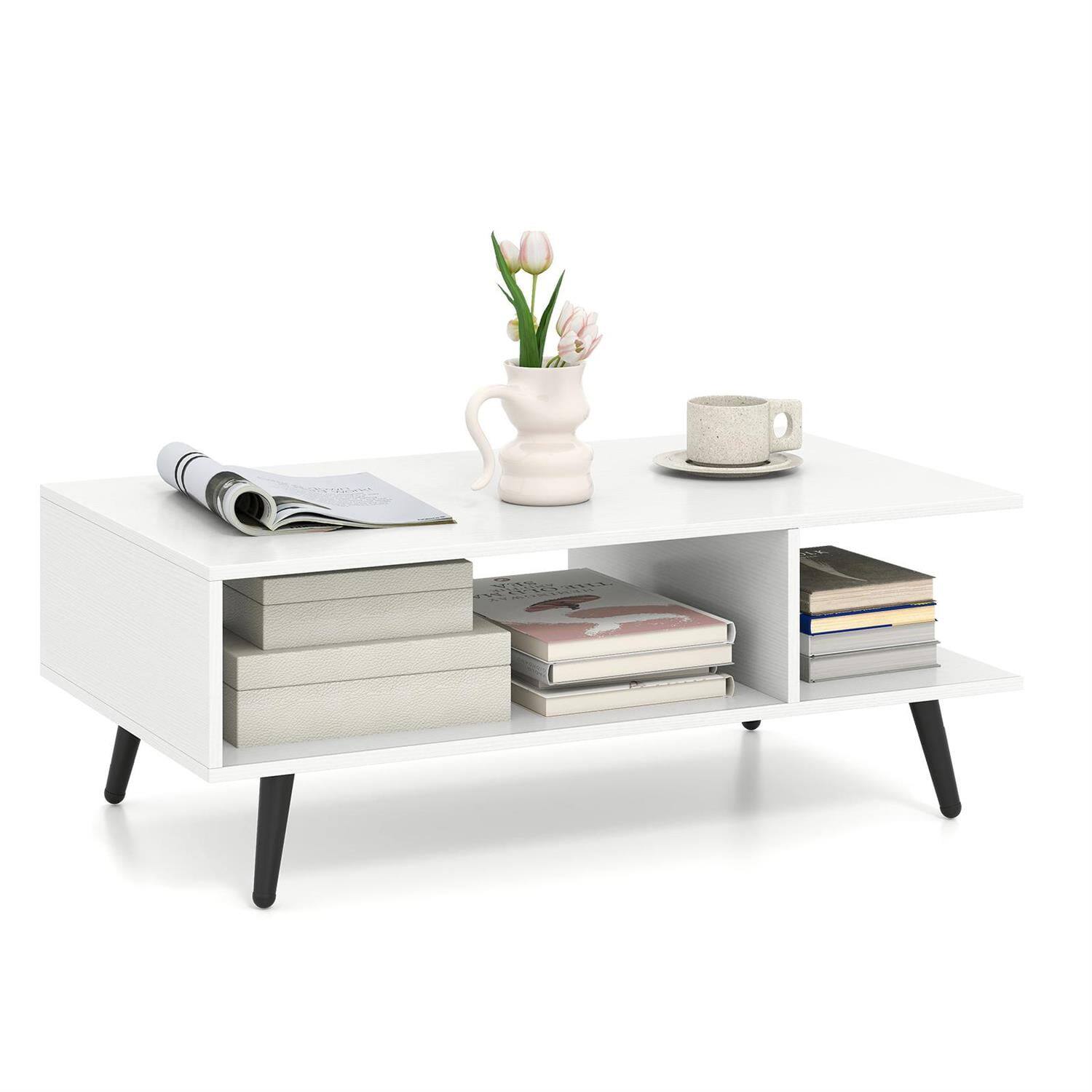Alt View 2. Pefilos - Mid-Century Modern 2-Tier Rectangular Coffee Table, 2 Open Storage Compartments, Tapered Metal Legs, White - White.