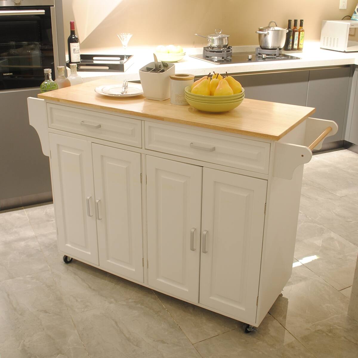 Alt View 6. Loheer - Loheer Rolling Kitchen Island Cart Mobile Kitchen Trolley with Storage Cabinets White - White.
