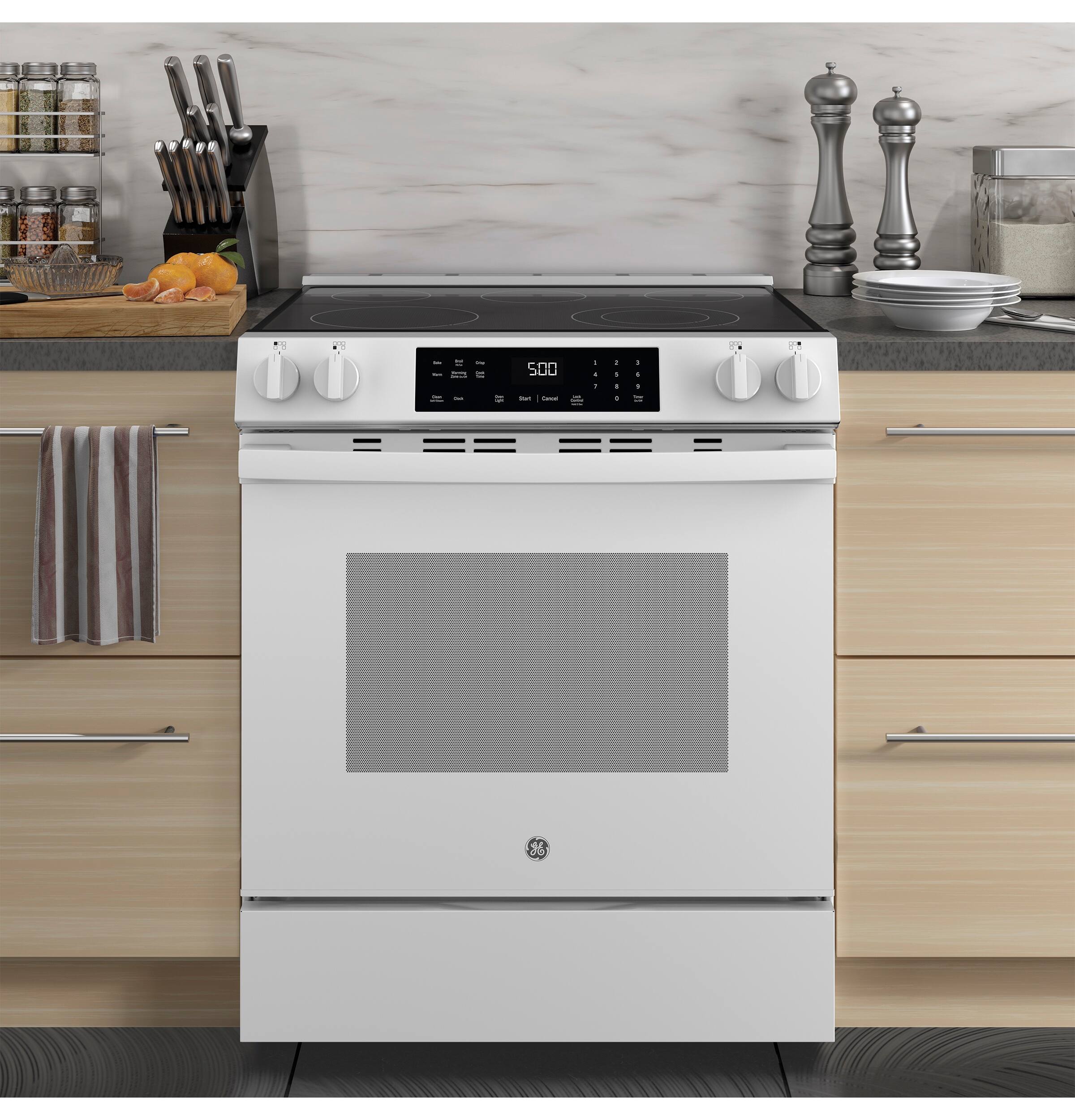 Alt View 5. GE - 5.3 Cu. Ft. Slide-In Electric Range with Self-Clean and Steam Cleaning Option and Crisp Mode - White.