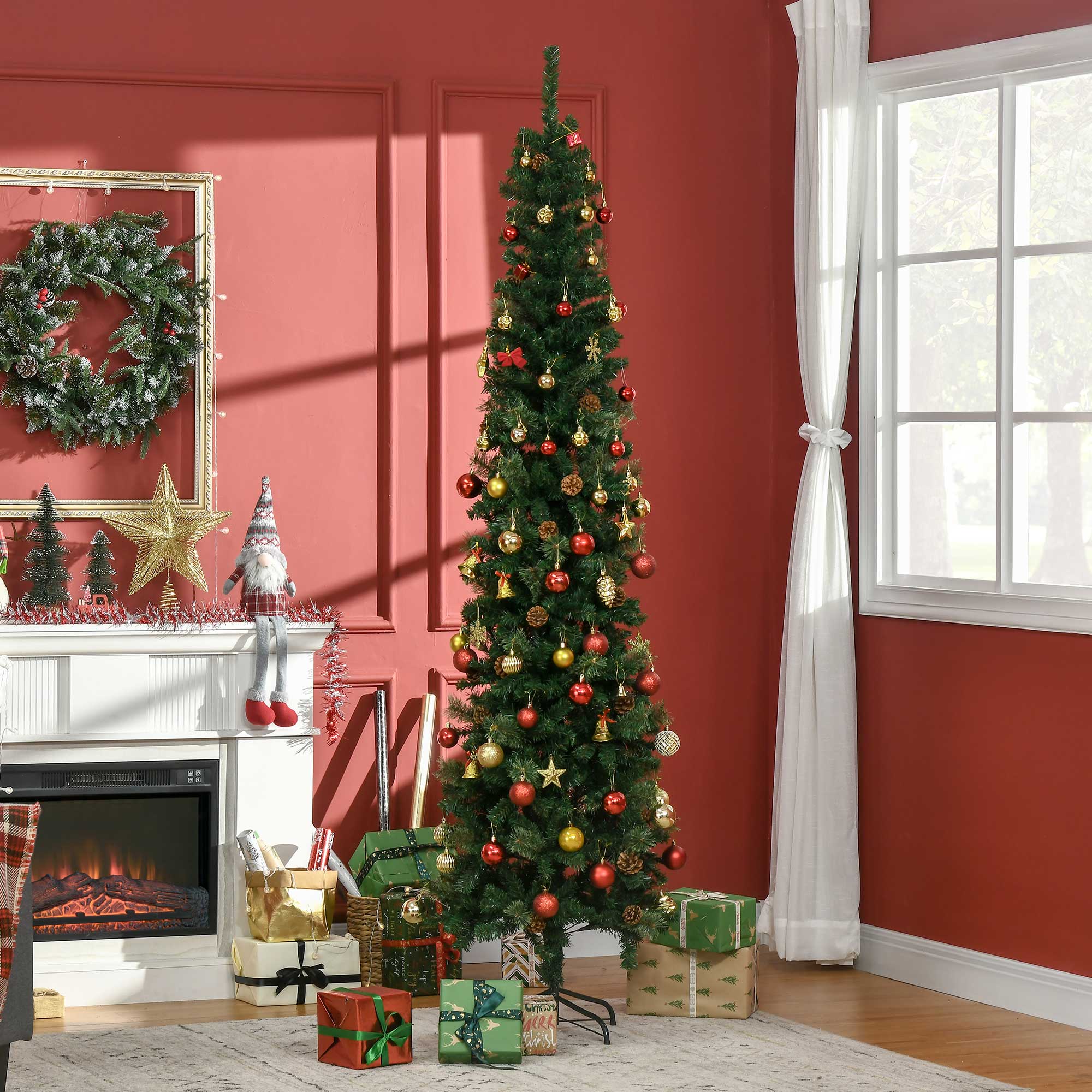 Alt View 1. Homcom - Foot Pencil Artificial Christmas Tree, Slim Pine Needles Xmas Tree with Realistic Branches, Pine Cones - green.
