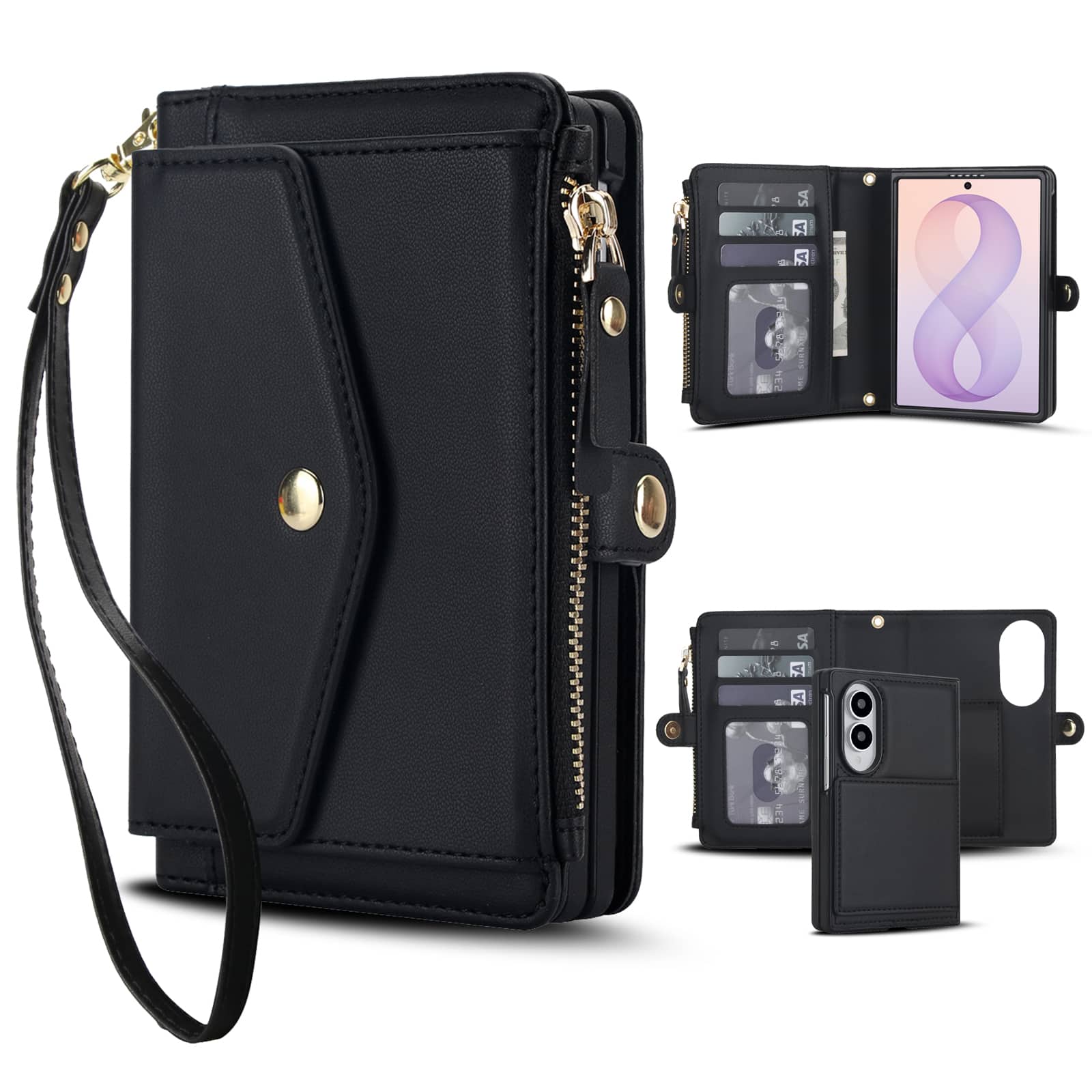 UUCOVER - Magnetic Leather Detachable Zipper Wallet RFID Blocking Stand Case for Samsung Galaxy Z Fold 8 with Wrist/Shoulder Strap - Black price history on PriceWatchPro
