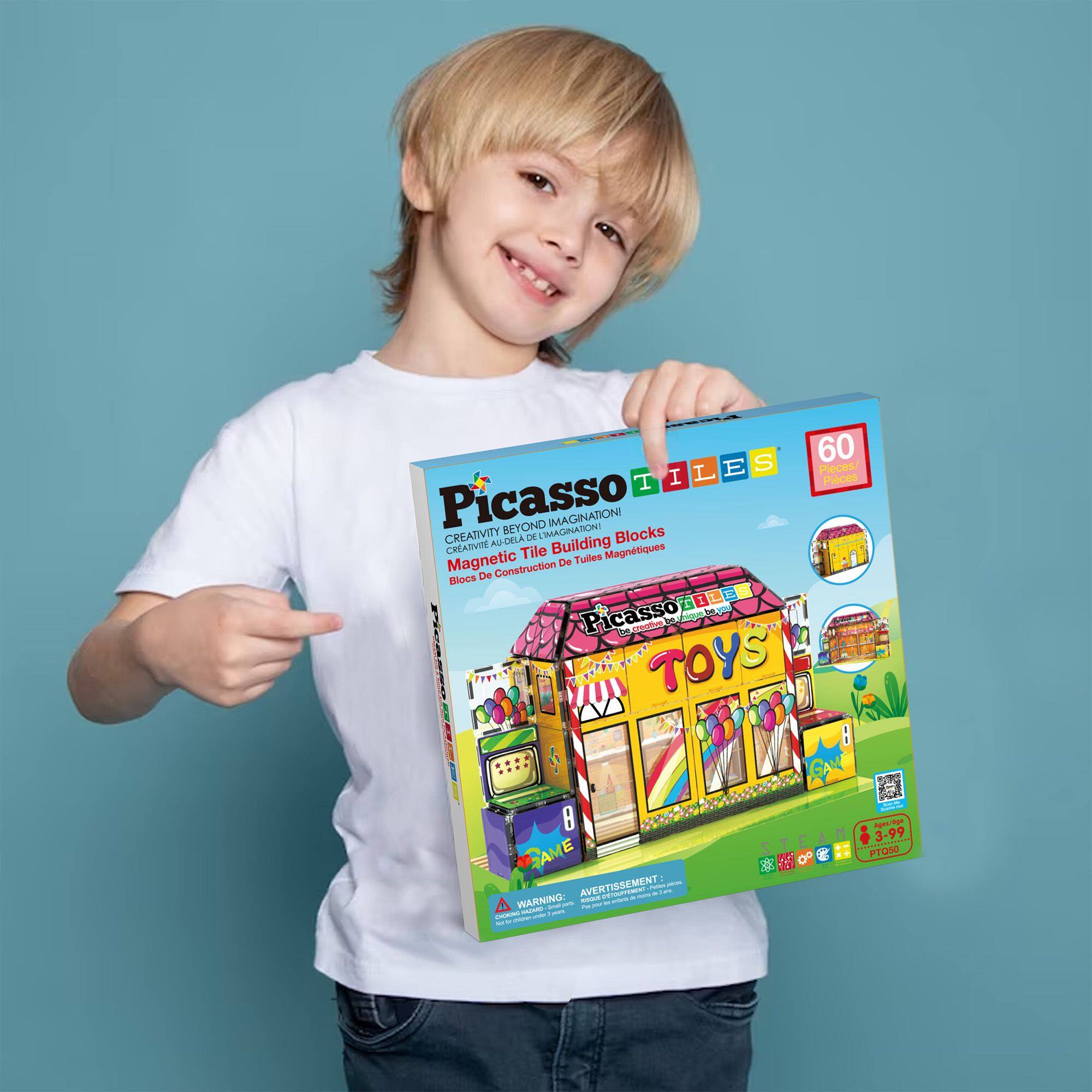 Picasso Tiles  
Creativity Beyond Imagination!  
Magnetic Tile Building Blocks  
Blocs De Tuiles Magnétiques  

60 Pieces  
Picasso Toys  

WARNING:  
AVERTISSEMENT:  

$3.99  
P1000
