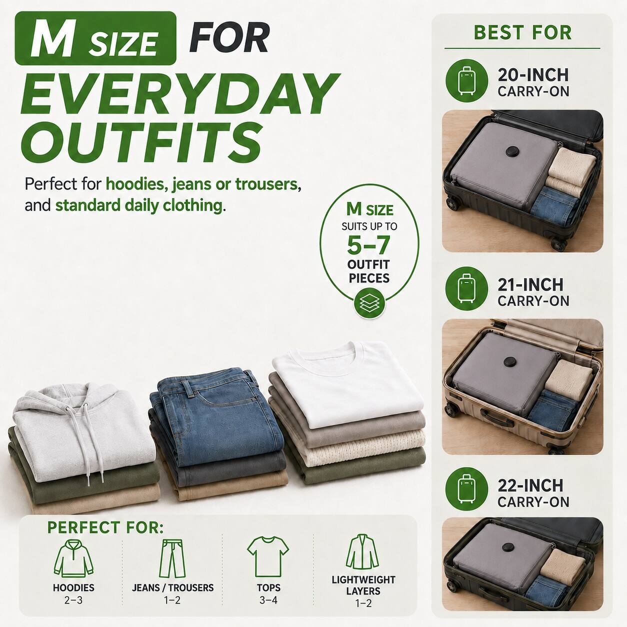 M SIZE FOR EVERYDAY OUTFITS  
Perfect for hoodies, jeans or trousers, and standard daily clothing.  
M SIZE SUITS UP TO 5-7 OUTFIT PIECES  

BEST FOR  
20-INCH CARRY-ON  
21-INCH CARRY-ON  
22-INCH CARRY-ON  

PERFECT FOR:  
HOODIES 2-3  
JEANS/TROUSERS 1-2  
TOPS 3-4  
LIGHTWEIGHT LAYERS 1-2