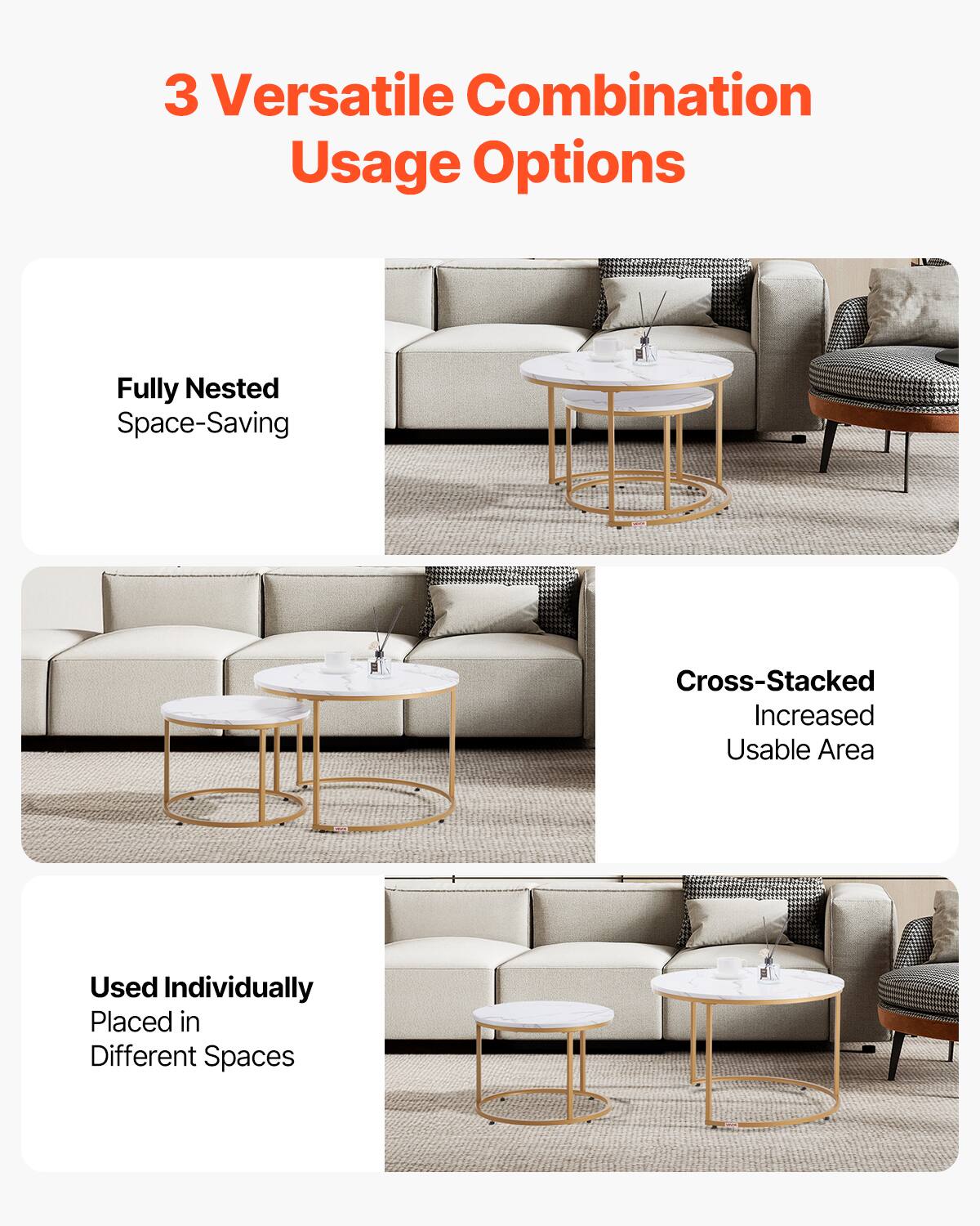 3 Versatile Combination Usage Options

Fully Nested Space-Saving

Cross-Stacked Increased Usable Area

Used Individually Placed in Different Spaces