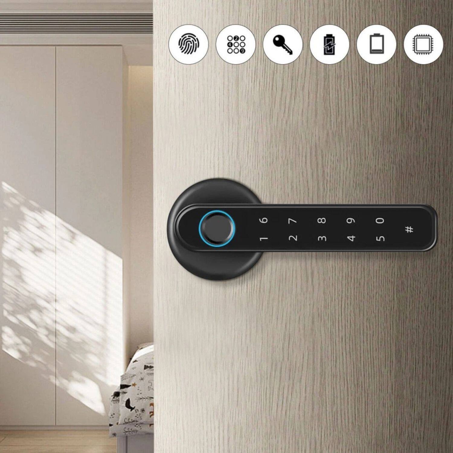 Angle. Stock Preferred - Smart Biometric Door Lock with Fingerprint, Keypad, and Key Access - Black.