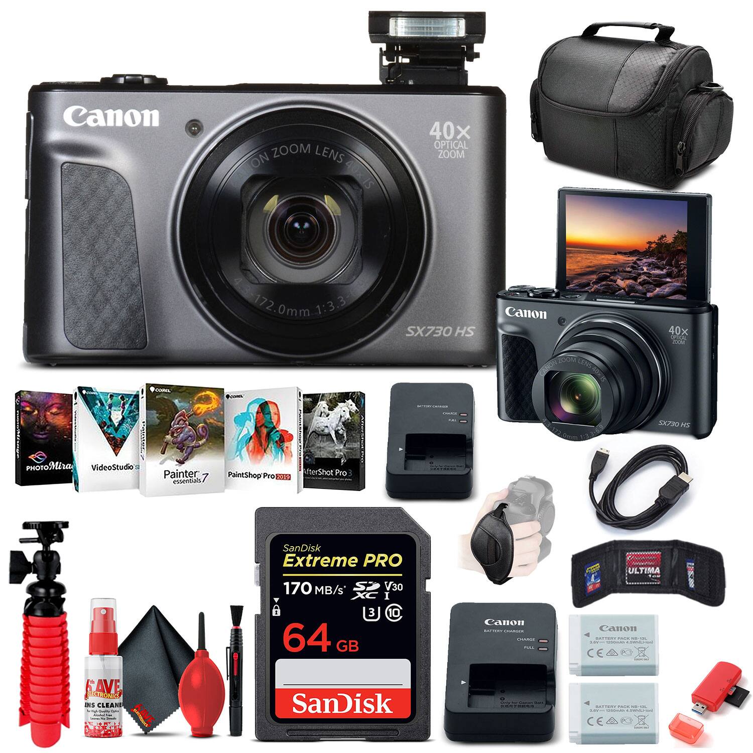 Bundle- Canon- PowerShot SX730 HS Digital Camera (Black) (1791C001) + 64GB Card + More