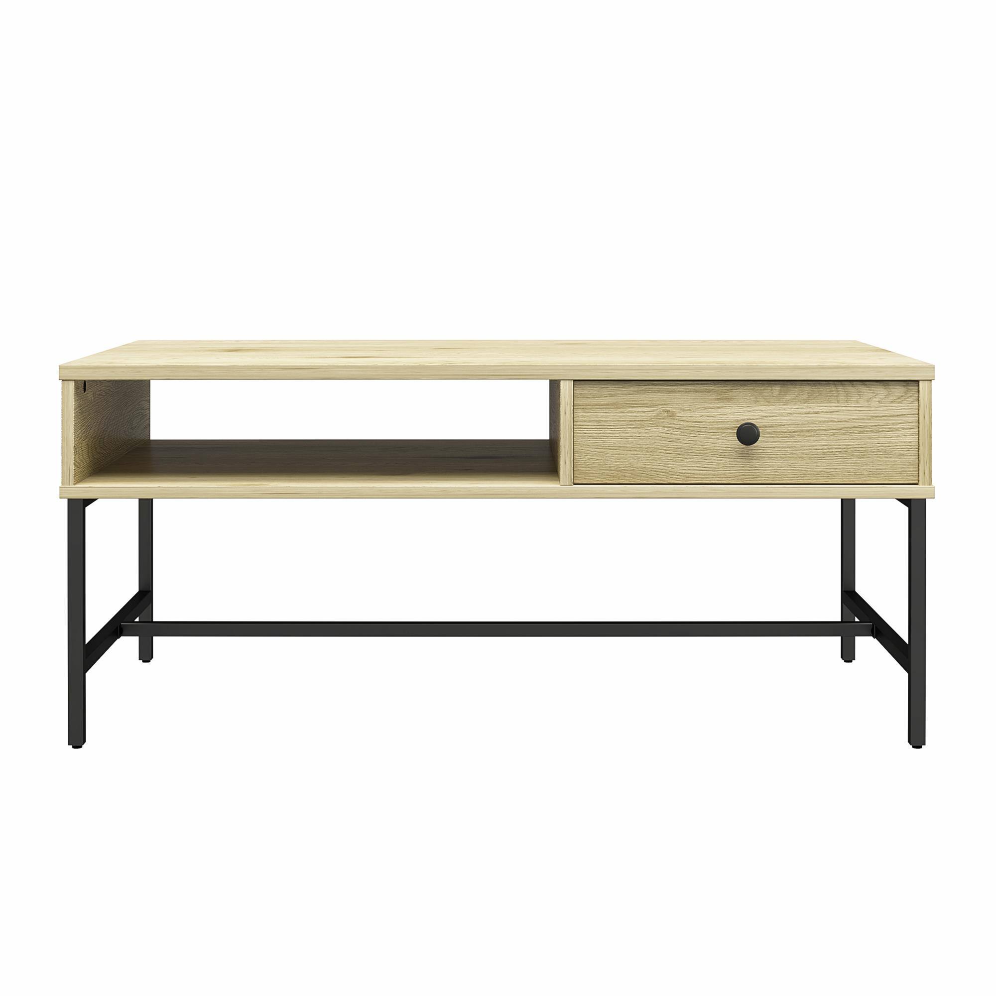 Back. Aukfa - Coffee Table - Engineered Wood & Metal Frame, Pass-Through Shelf & Drawer, 40"W x 19.7"D, Two-Toned Design - Beige.