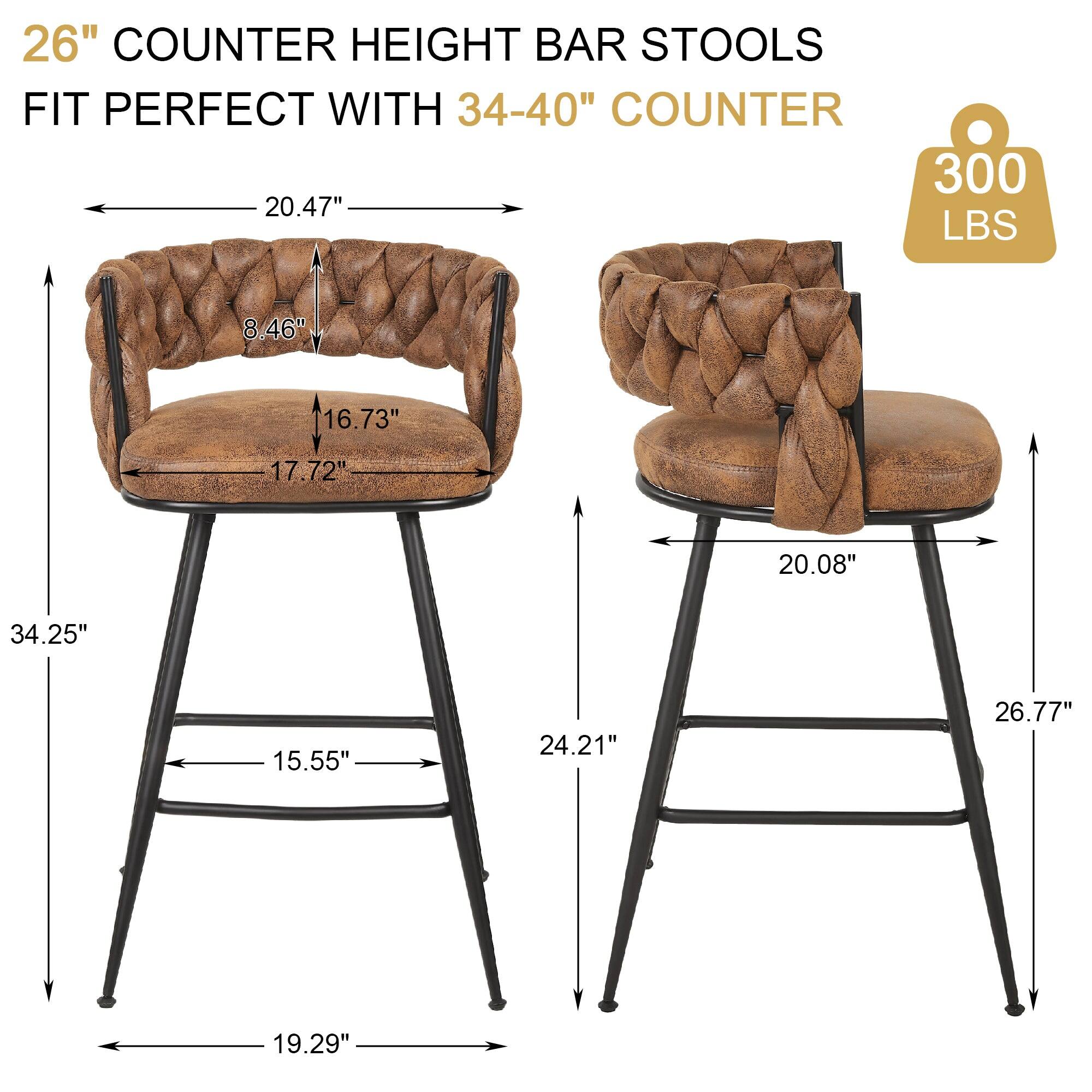 26" COUNTER HEIGHT BAR STOOLS  
FIT PERFECT WITH 34-40" COUNTER  

300 LBS  

- 20.47" (width)  
- 8.46" (back height)  
- 16.73" (seat height)  
- 17.72" (seat width)  
- 34.25" (overall height)  
- 15.55" (leg width)  
- 19.29" (leg span)  
- 20.08" (side height)  
- 24.21" (side width)  
- 26.77" (overall width)