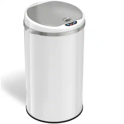 Angle. iTouchless - 8 Gallon Touchless Sensor Trash Can with AbsorbX Odor Control System, White Stainless Steel Round Shape Kitchen Bin - Pearl White.