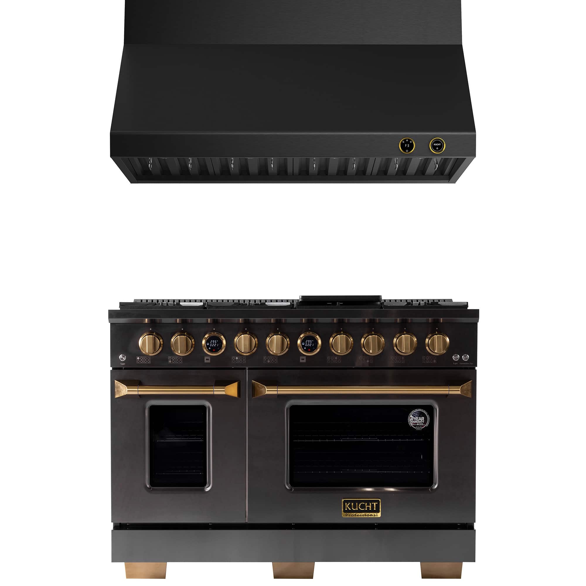 Kucht - 48 in. 6.7 cu. ft. 8 Burners Dual Fuel Range for Natural Gas in Titanium Stainless Steel + Wall Mount Range Hood - Gemstone with Gold accents
