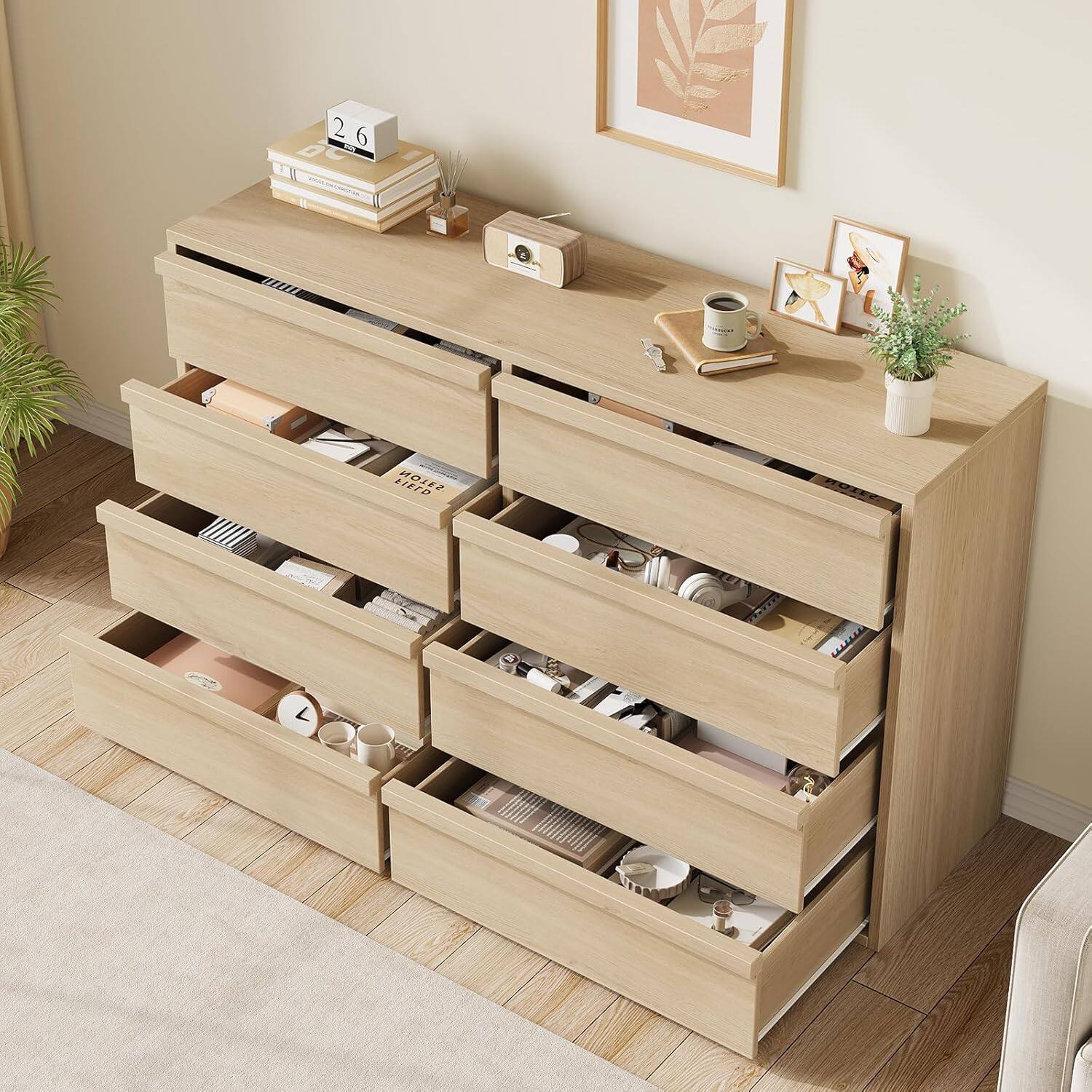 Alt View 1. GARVEE - 8 Drawer Double Dresser for Bedroom, 54" Wide Oak Storage Organizer Chest for Living Room, Nursery, Hallway - Natural.