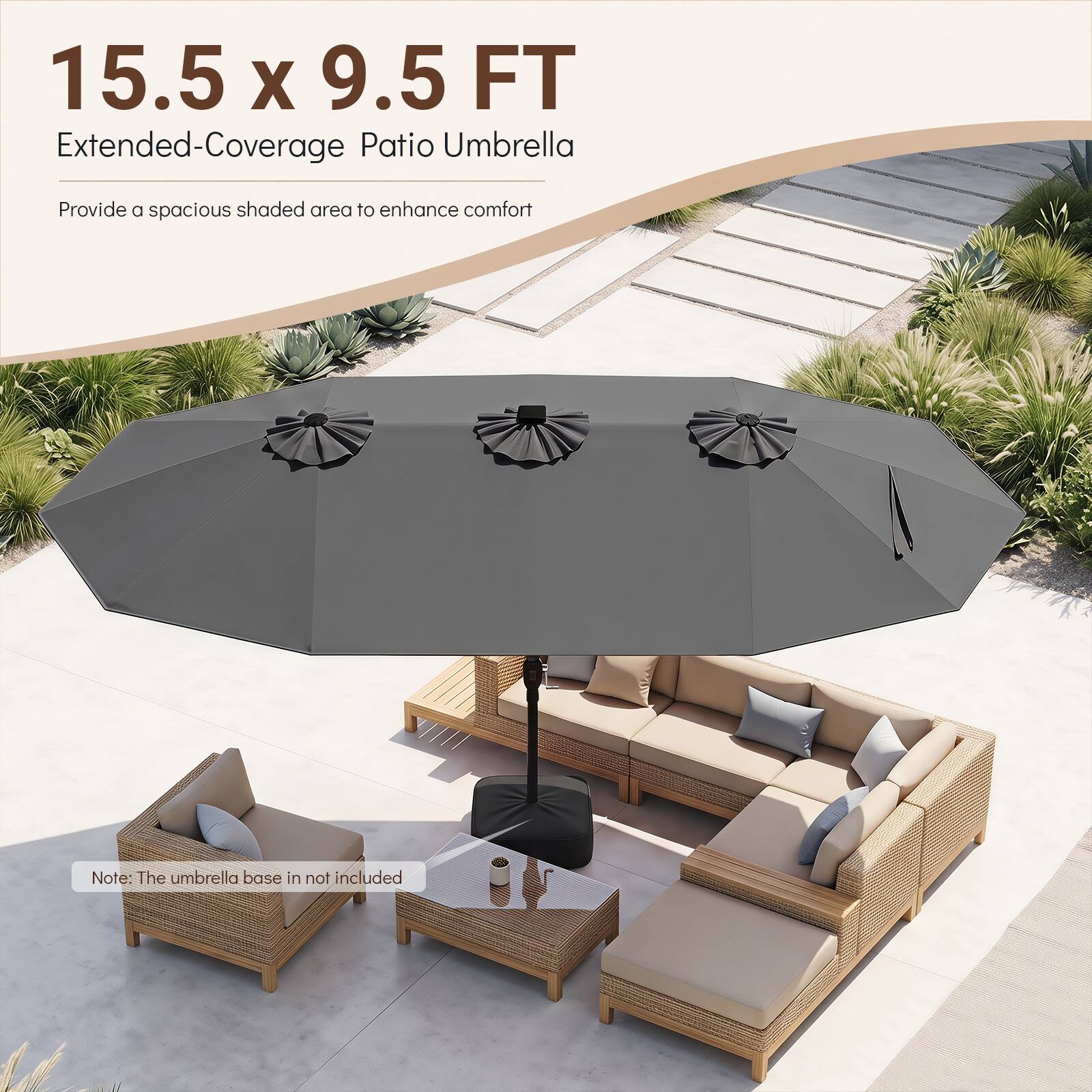 15.5 x 9.5 FT Extended-Coverage Patio Umbrella

Provide a spacious shaded area to enhance comfort

Note: The umbrella base is not included