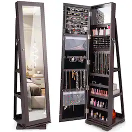 Costway - 360° Rotatable Jewelry Cabinet Armoire 2-in-1 Lockable Mirrored - Dark Brown