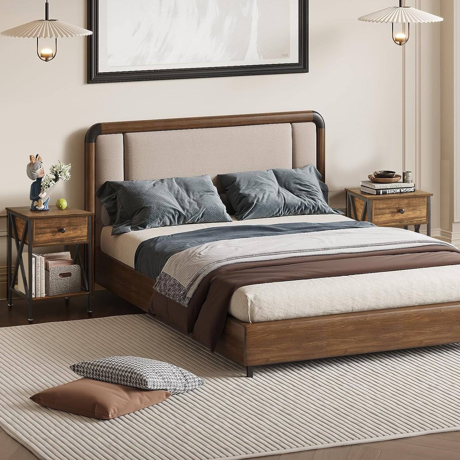 Back. Vecelo - Nightstand with Drawer - Bedside Table with Storage Shelf, Compact End Table for Bedroom, MDF Wood Nightstand - Brown.