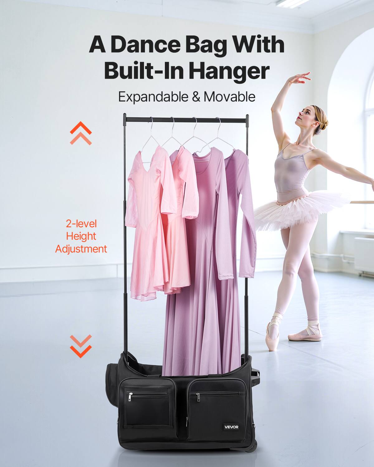 A Dance Bag With Built-In Hanger  
Expandable & Movable  

2-level Height Adjustment  

VEVOR