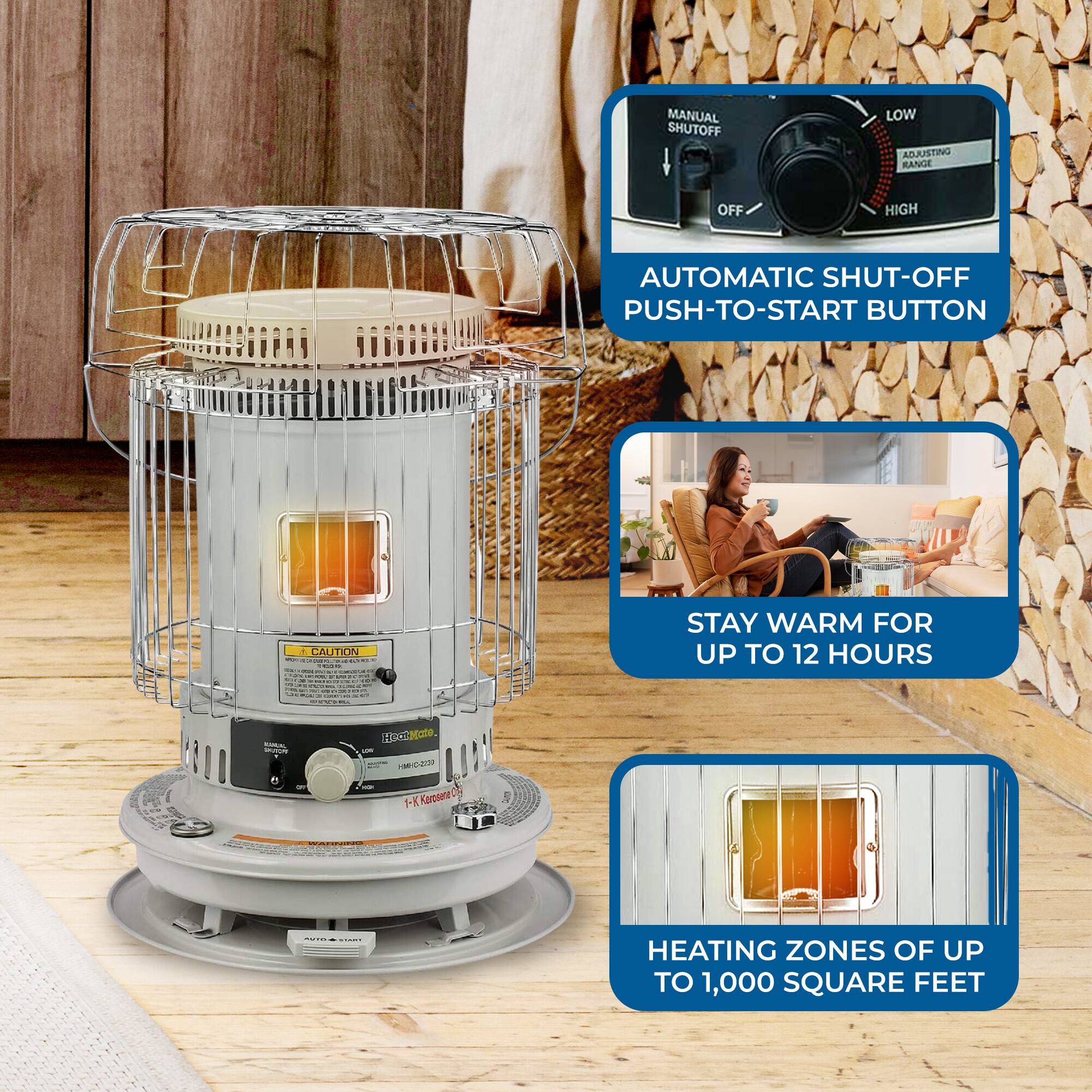 MANUAL SHUTOFF LOW ADJUSTING RANGE OFF HIGH AUTOMATIC SHUT-OFF PUSH-TO-START BUTTON

CAUTION - STAY WARM FOR UP TO 12 HOURS

HEATING ZONES OF UP TO 1,000 SQUARE FEET