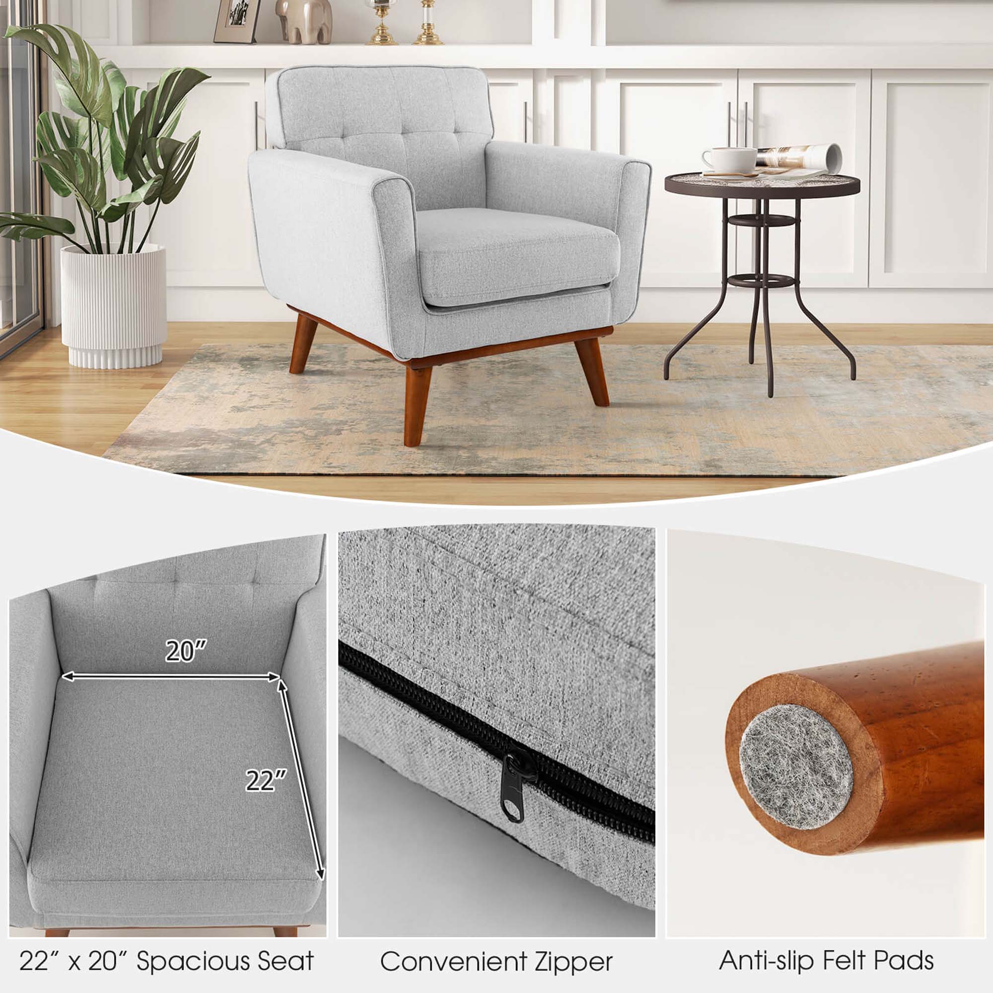 The text on the image is grouped and corrected as follows:

"20" 22" 22" X 20" Spacious Seat Convenient Zipper Anti-slip Felt Pads"