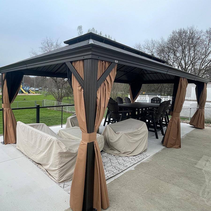 Alt View 1. PURPLE LEAF - 12' X 24' Outdoor Aluminum Hardtop Gazebo with Metal Double Roof with Netting and Curtains, Khaki Permanent Pavilion - 12' X 24'.