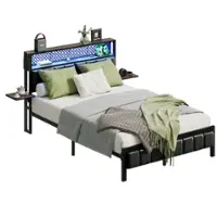 Bestier - Full Size Bed Frame with Upholstered Headboard Built-in Storage LED Lighting and Charging Station - Brown - Front_Zoom