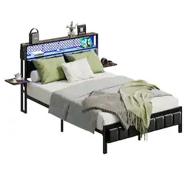 Bestier - Full Size Bed Frame with Upholstered Headboard Built-in Storage LED Lighting and Charging Station - Brown