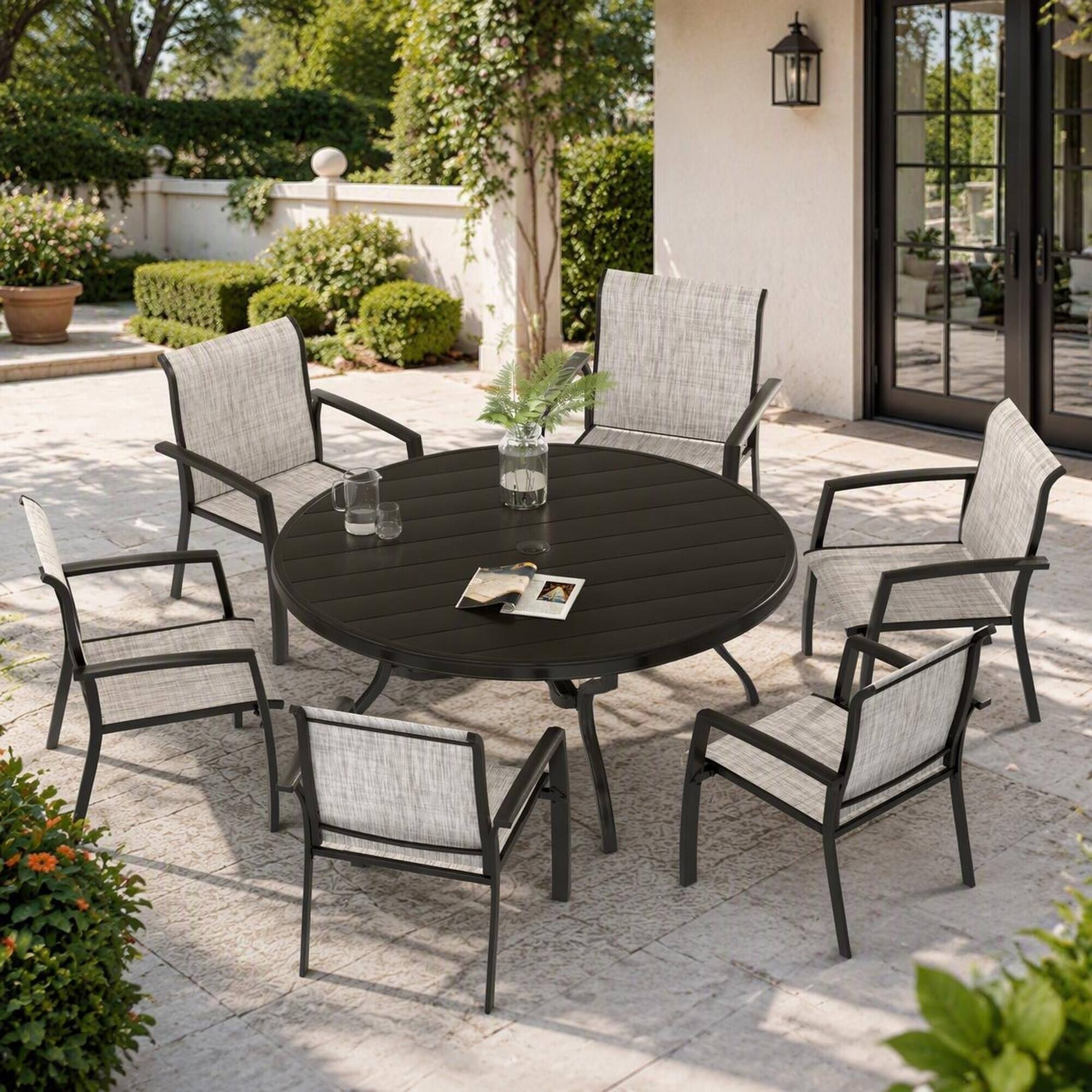 Angle. RYHNUYNE - Round Patio Dining Table with Umbrell Hole, Weatherproof Metal Frame,Black Finish for Deck Lawn Garden Backyard - Black.