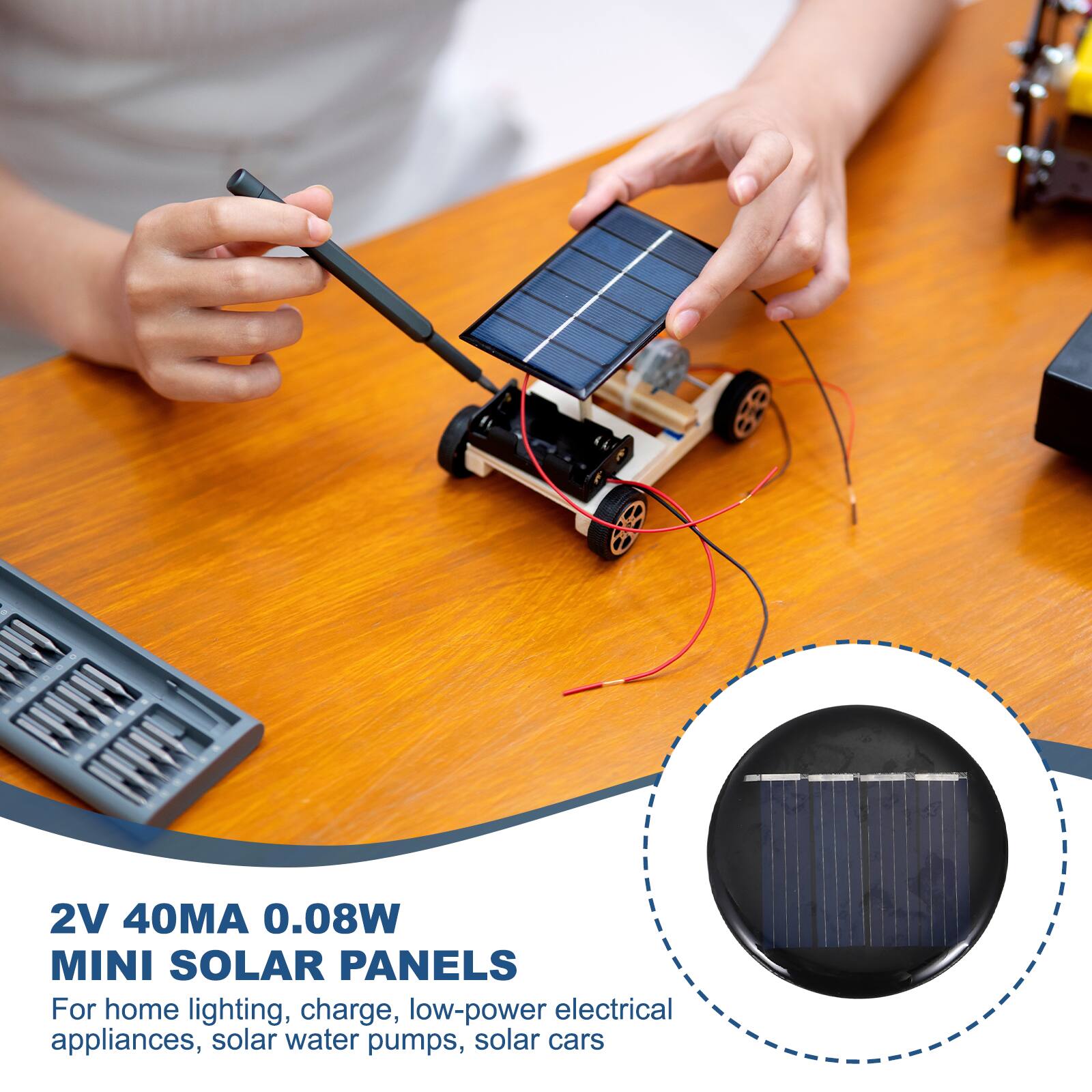 2V 40MA 0.08W MINI SOLAR PANELS

For home lighting, charge, low-power electrical appliances, solar water pumps, solar cars