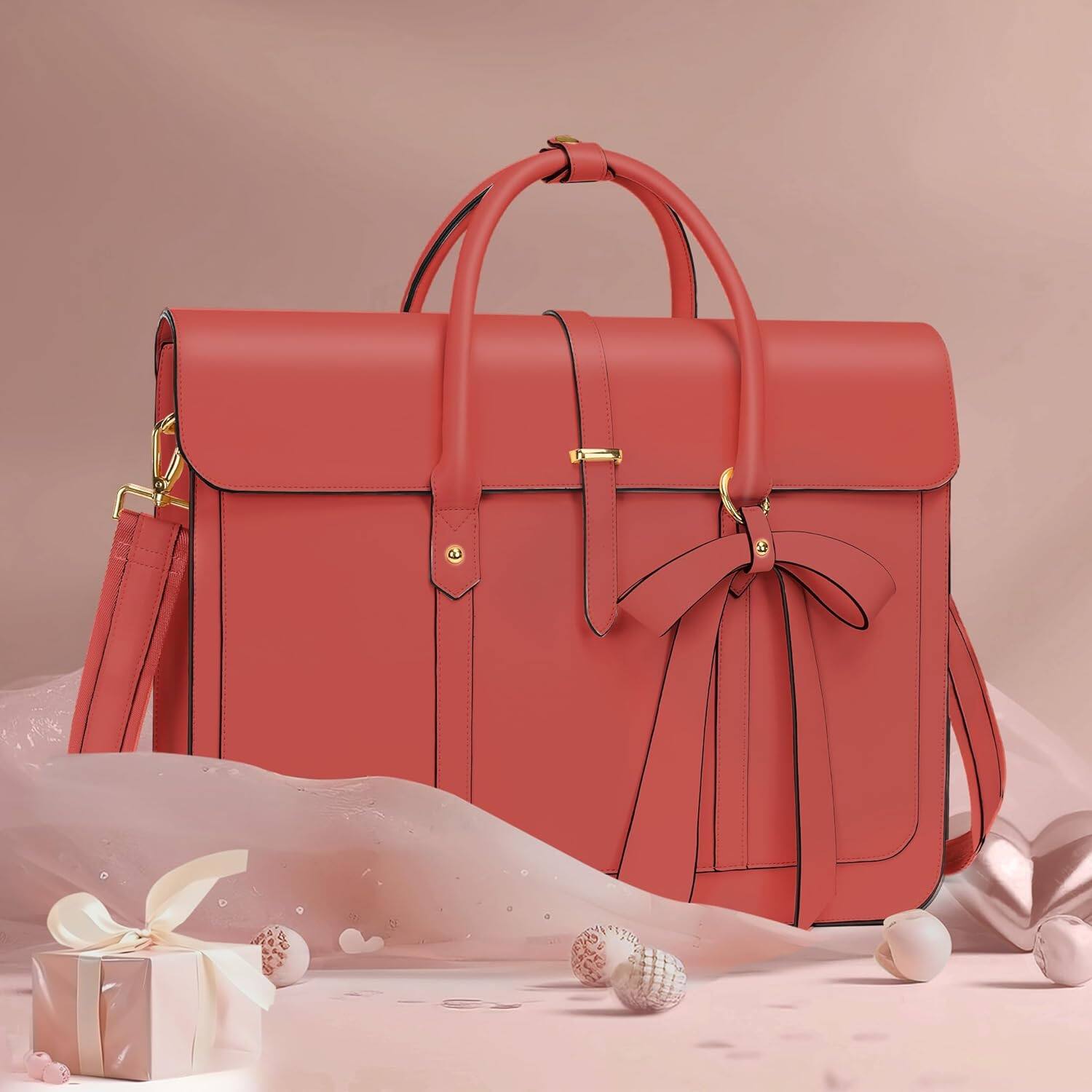 Left. mosiso - Laptop Bag for Women 15-15.6 inch PU Leather Laptop Shoulder Bags Convertible Backpack Casual Handbag Work Computer Bag - Coral.