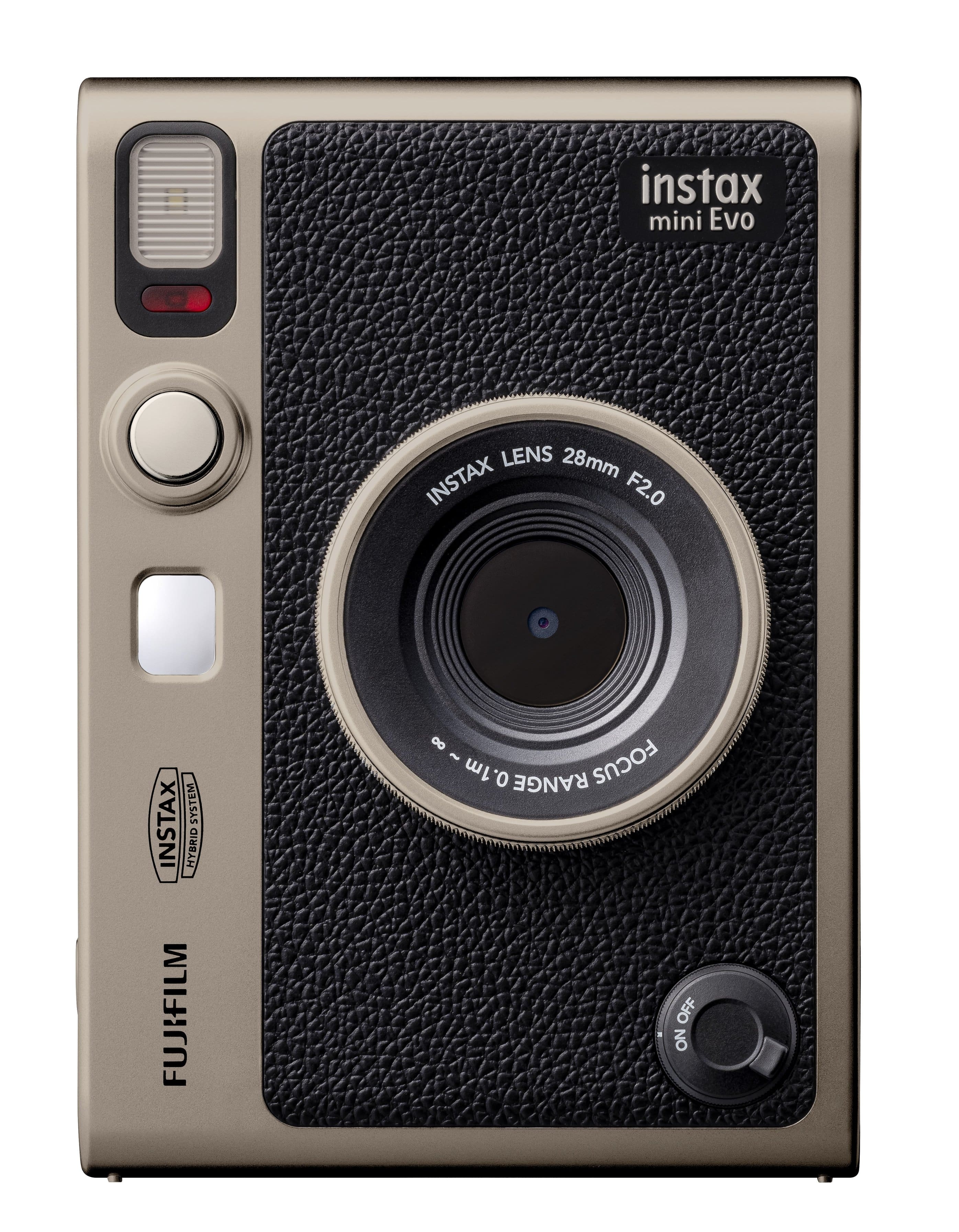The text on the image reads "instax mini Evo LENS 28mm INSTAX F2.0 INSTAX SYSTEM HYBRID FUJIFILM 8 - 0.1m 0.1m - ∞ RANGE FOCUS OFF ON."