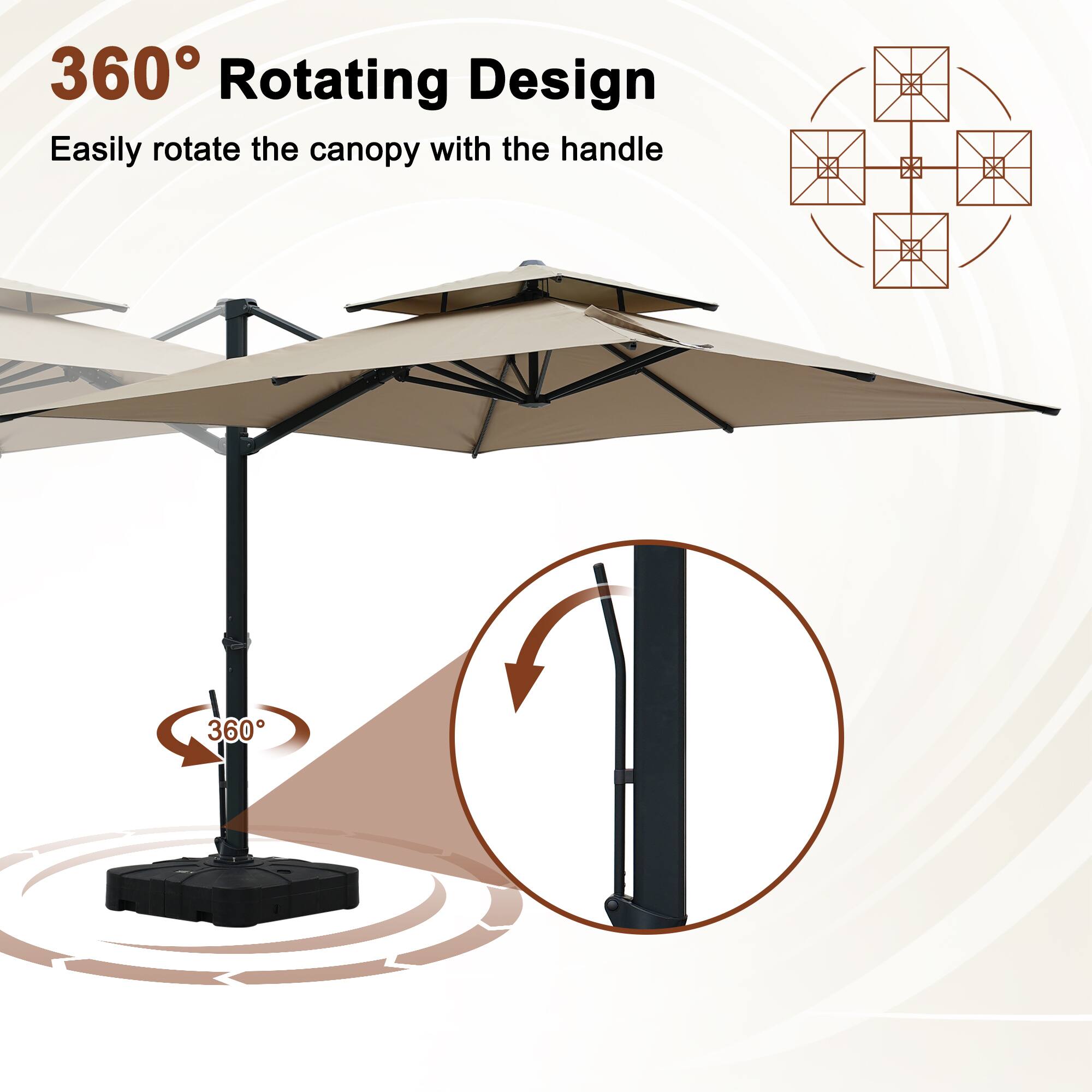 360° Rotating Design  
Easily rotate the canopy with the handle