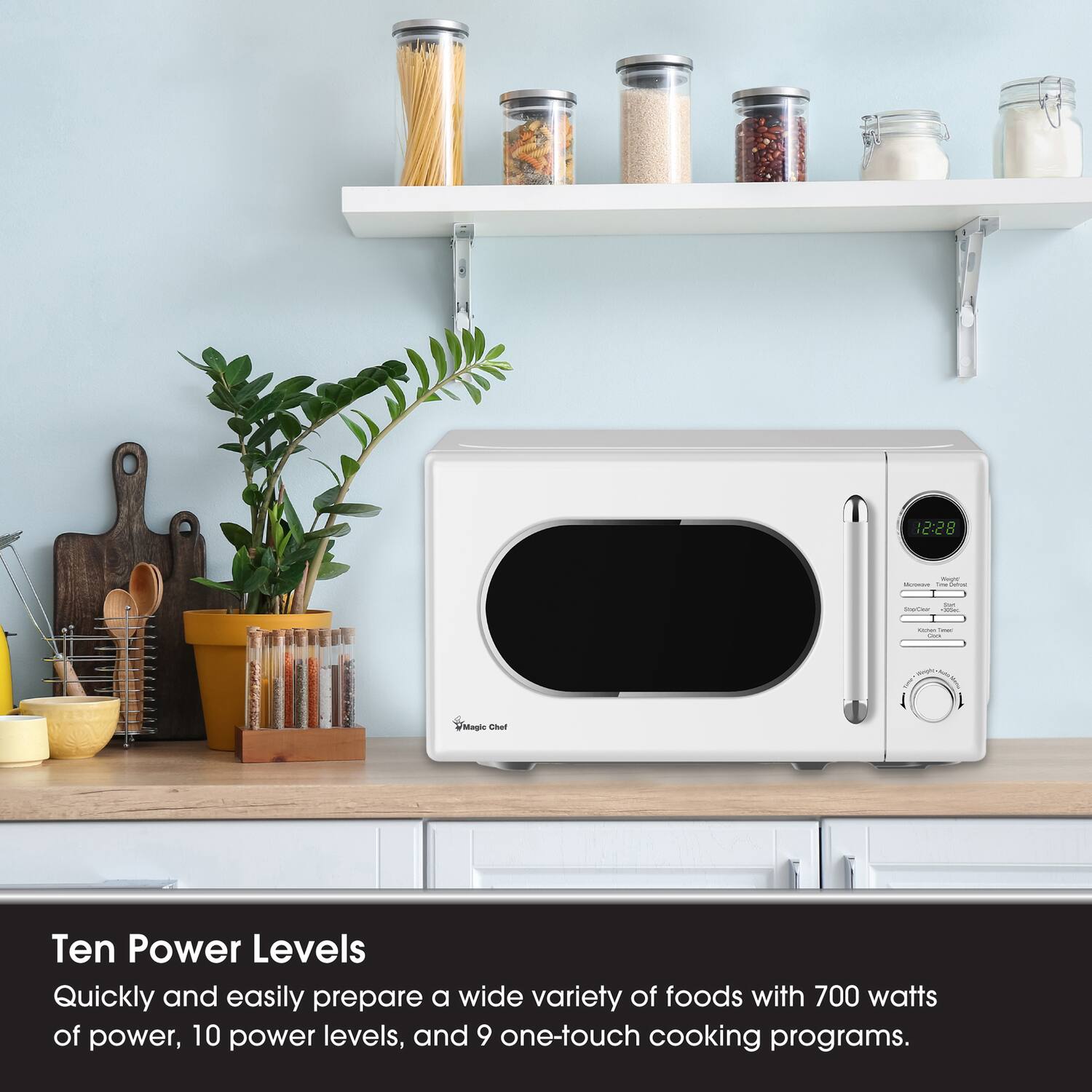 12:28  
Wegre Minuse The Calories  
not StapCear -  
Casson Ques  
Magic Chef  

Ten Power Levels  
Quickly and easily prepare a wide variety of foods with 700 watts of power, 10 power levels, and 9 one-touch cooking programs.