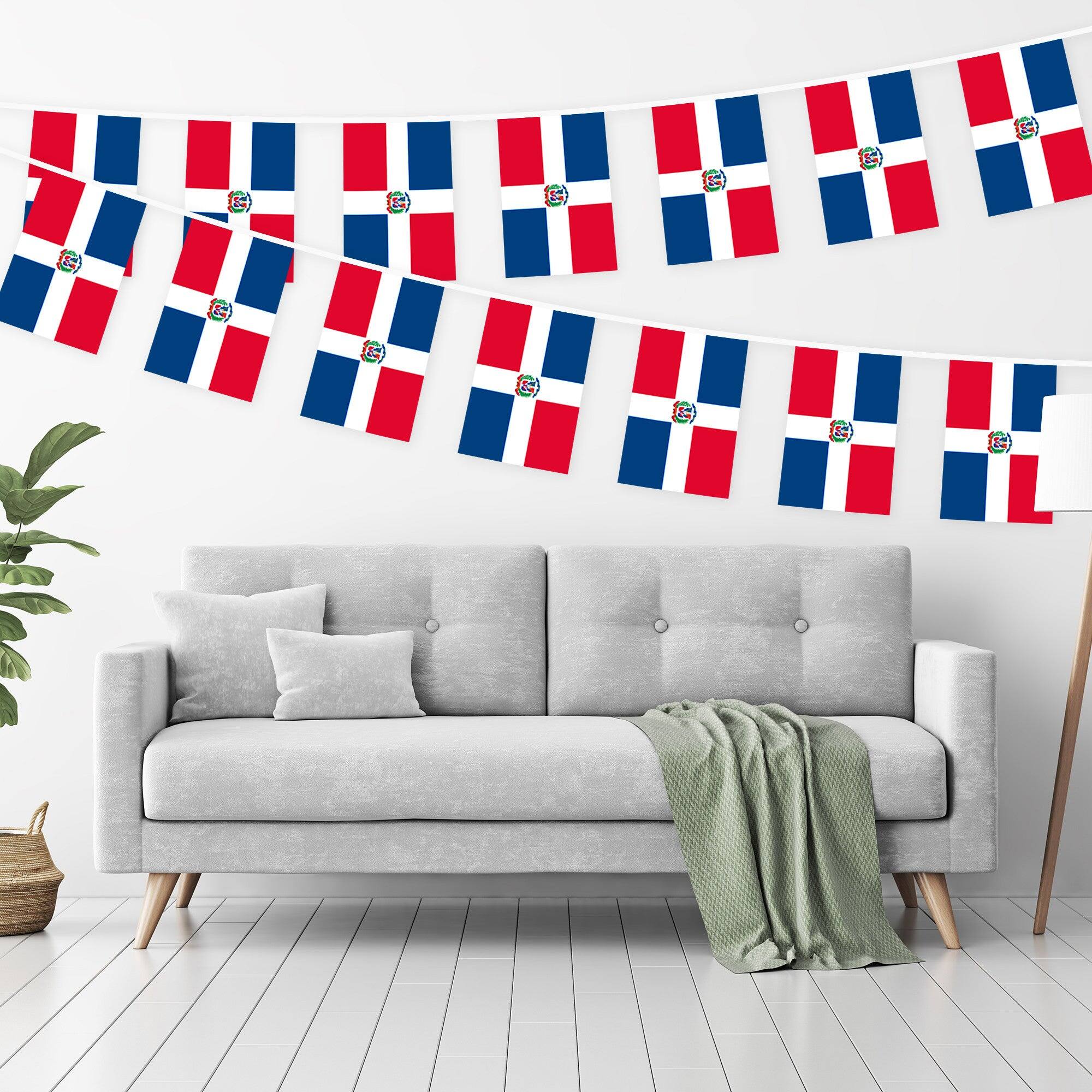 Angle. G128 - Dominican Republic Bunting Banner, 33 ft String with 38 Mini Flags (8.2 x 5.5 in) - Assorted Colors.