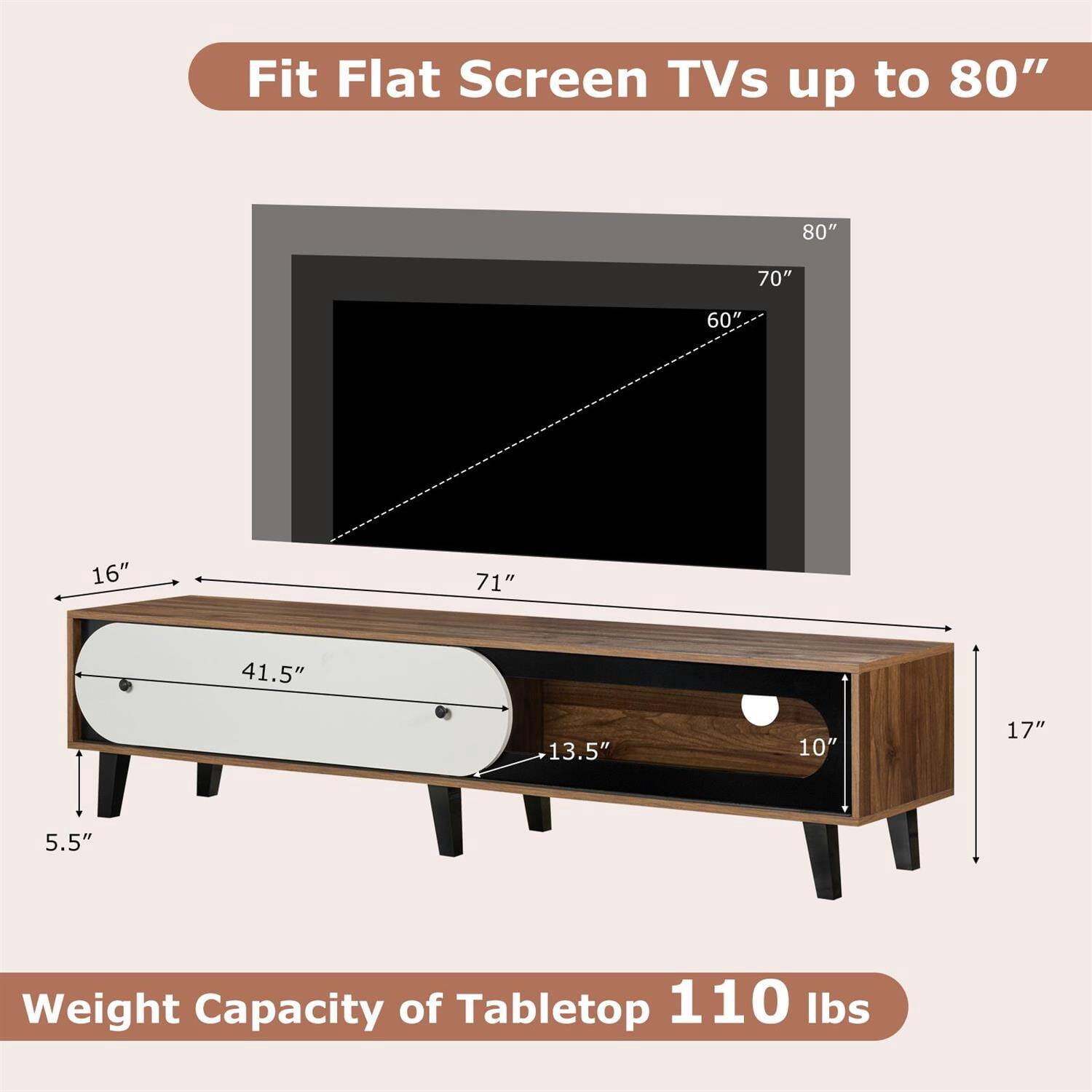 Fit Flat Screen TVs up to 80"  
Weight Capacity of Tabletop 110 lbs