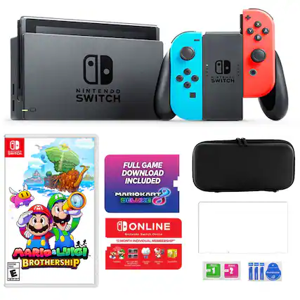 The image features a Nintendo Switch console and a game, Mario Kart Deluxe 8, sitting on top of the console. The game is a full download, and the console is accompanied by a Nintendo Switch Online membership. The image is showcasing the various components of the Nintendo Switch gaming system.
