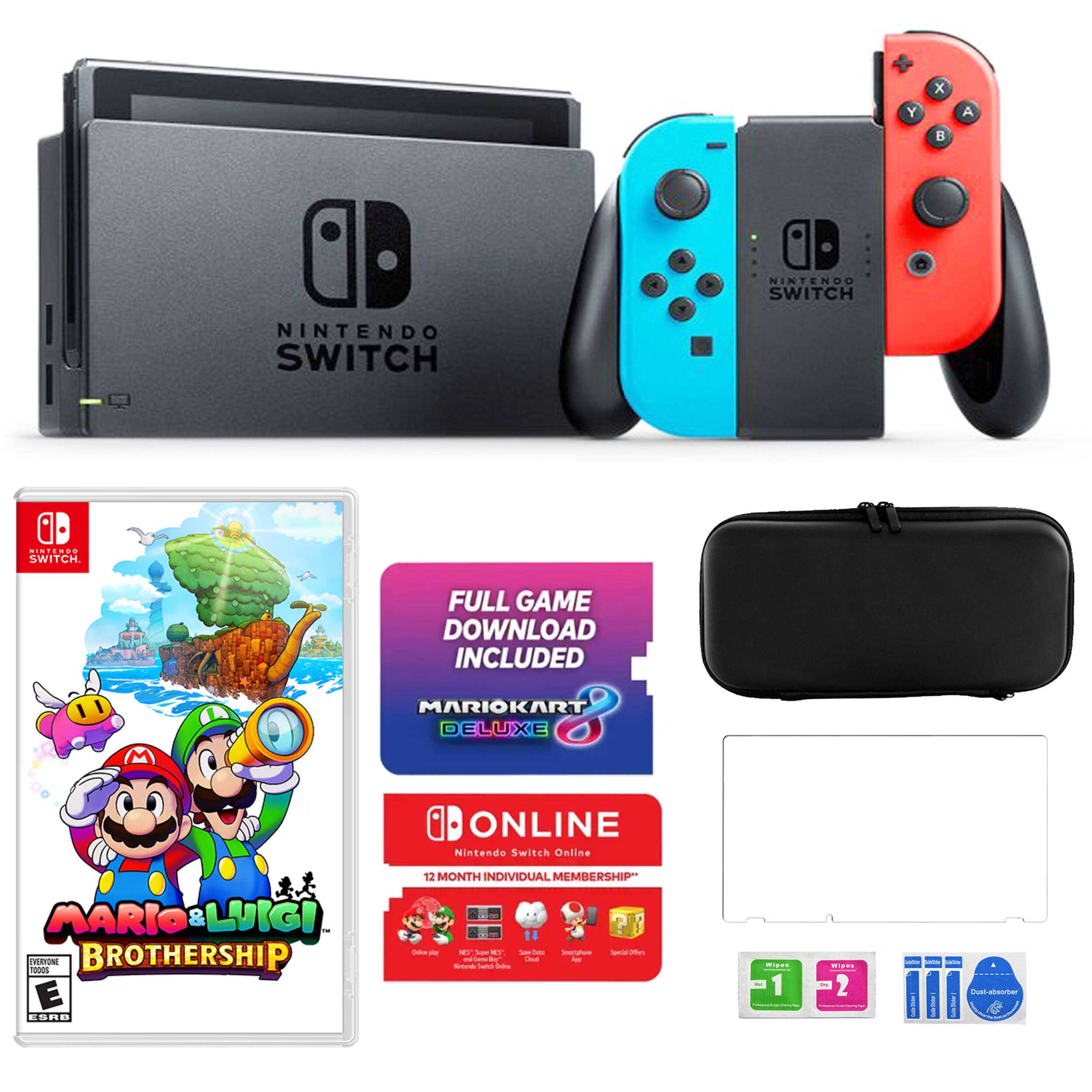The image features a Nintendo Switch console and a game, Mario Kart Deluxe 8, sitting on top of the console. The game is a full download, and the console is accompanied by a Nintendo Switch Online membership. The image is showcasing the various components of the Nintendo Switch gaming system.