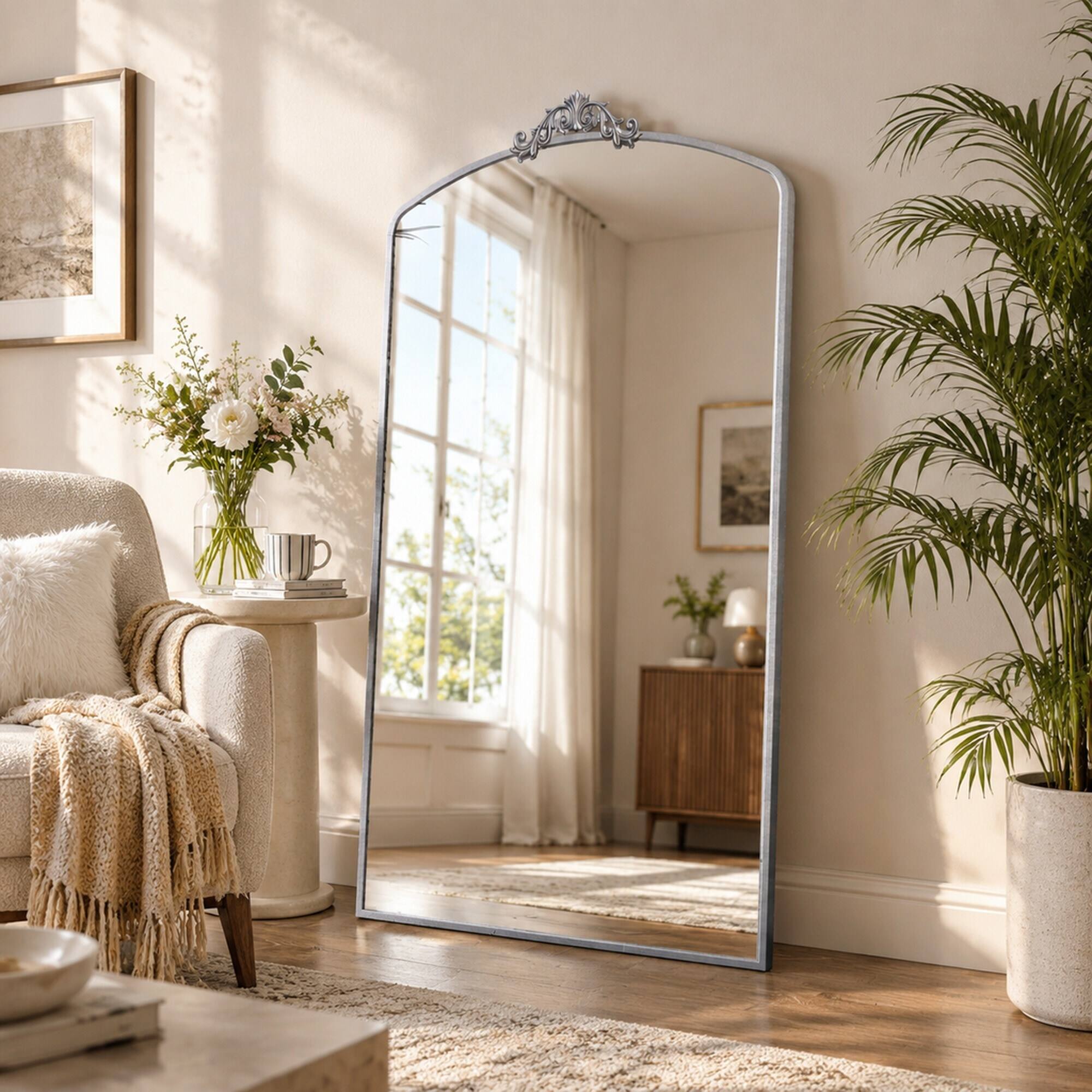 Alt View 1. RYHNUYNE - 36x66 Inch Ornate Arched Full Length Floor Mirror, Metal Frame, Antique Silver, Wall Mounted or Leaning - Antique Silver.