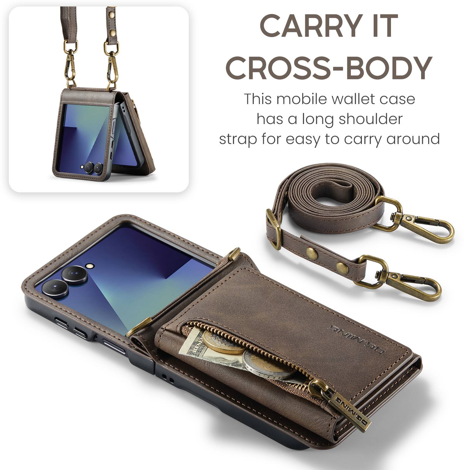CARRY IT CROSS-BODY  
This mobile wallet case has a long shoulder strap for easy to carry around