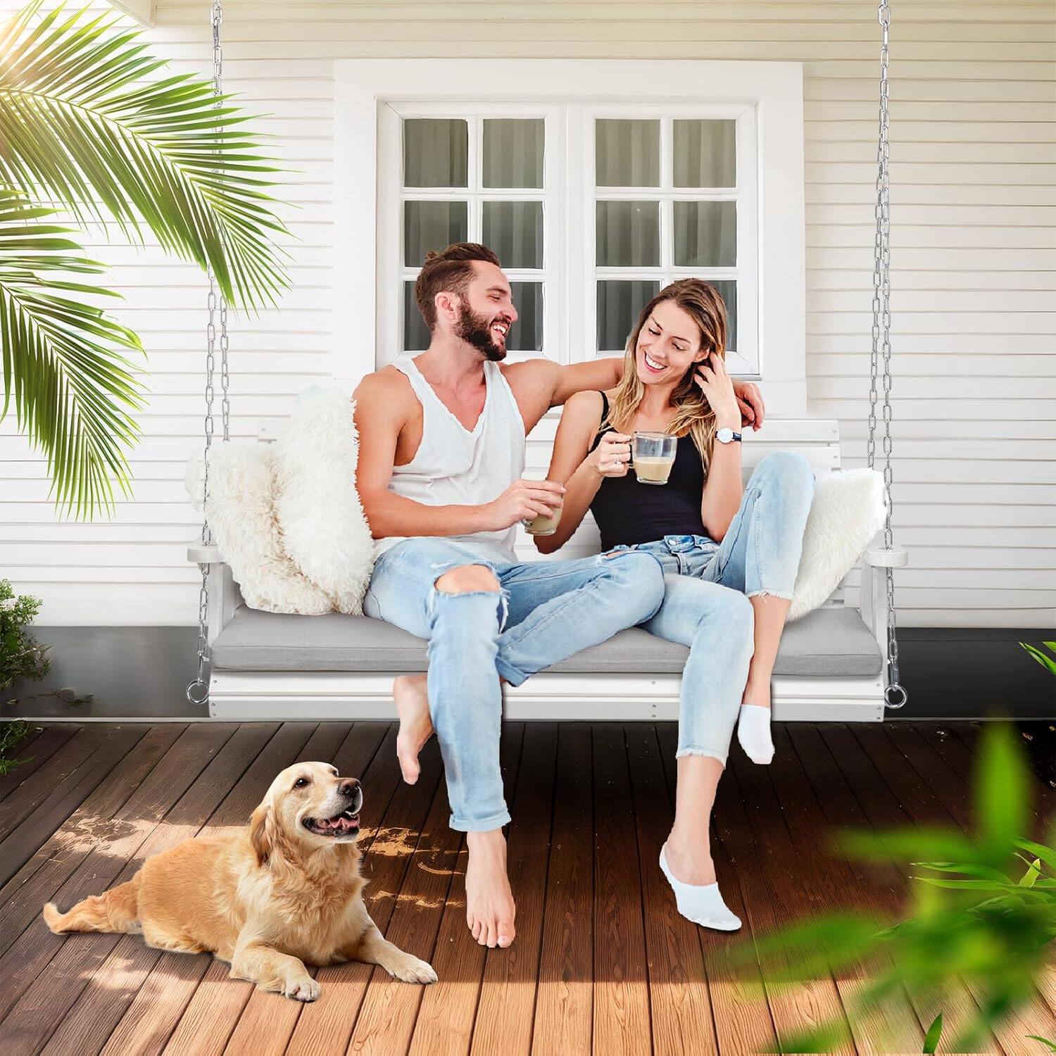 Alt View 5. Winado - 5 FT Wooden Porch Swing, Heavy Duty 880 LBS Patio Swings with Cushions, Adjustable Chains for Outdoor Yard Garden Porch - White.