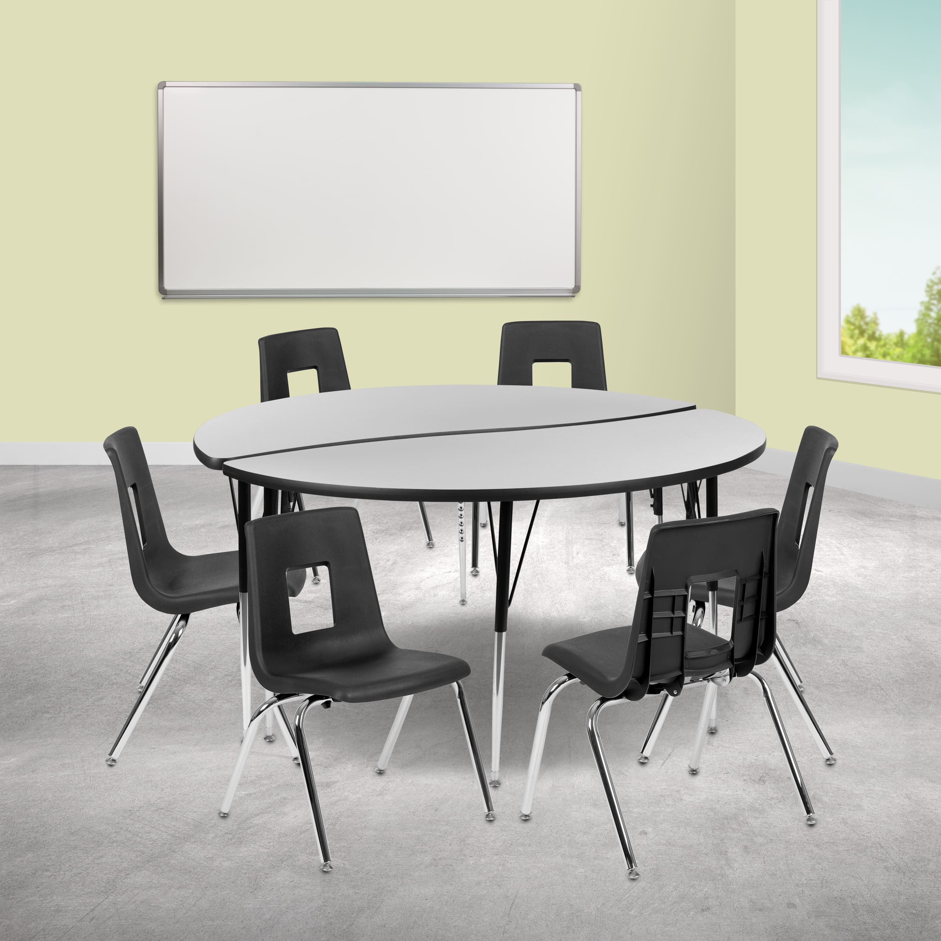 "Emma + Oliver - 60"" Circle Wave Collaborative Laminate Activity Table Set with 18"" Student Stack Chairs, Grey/Black - Gray" price history on PriceWatchPro