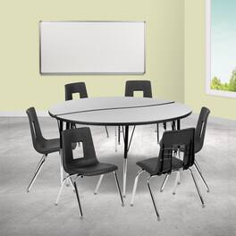 Emma + Oliver - 60" Circle Wave Collaborative Laminate Activity Table Set with 18" Student Stack Chairs, Grey/Black - Gray