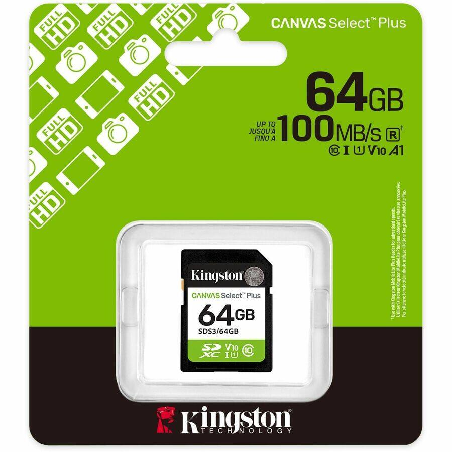 CANVAS Select Plus  
64GB  
UP TO 100 MB/s  
JUSQU'A FINO A 100 MB/s  
A1 V10  
IC I U  

Kingston  
CANVAS Select Plus  
64GB  
SDS3/64GB  
A1 V10  
IC I U  

Kingston TECHNOLOGY