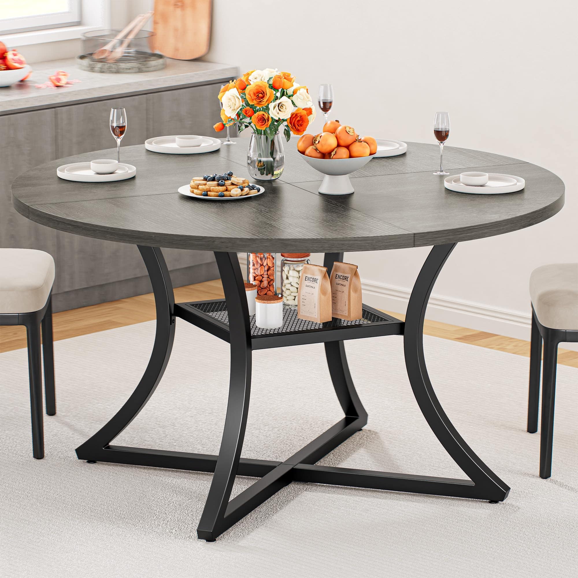 MAGICAL RUBS - 47.2" Round Dining Table For 4 Wood Kitchen With Storage Shelf Room Dinner Wooden Tabletop And Metal Base - Gray