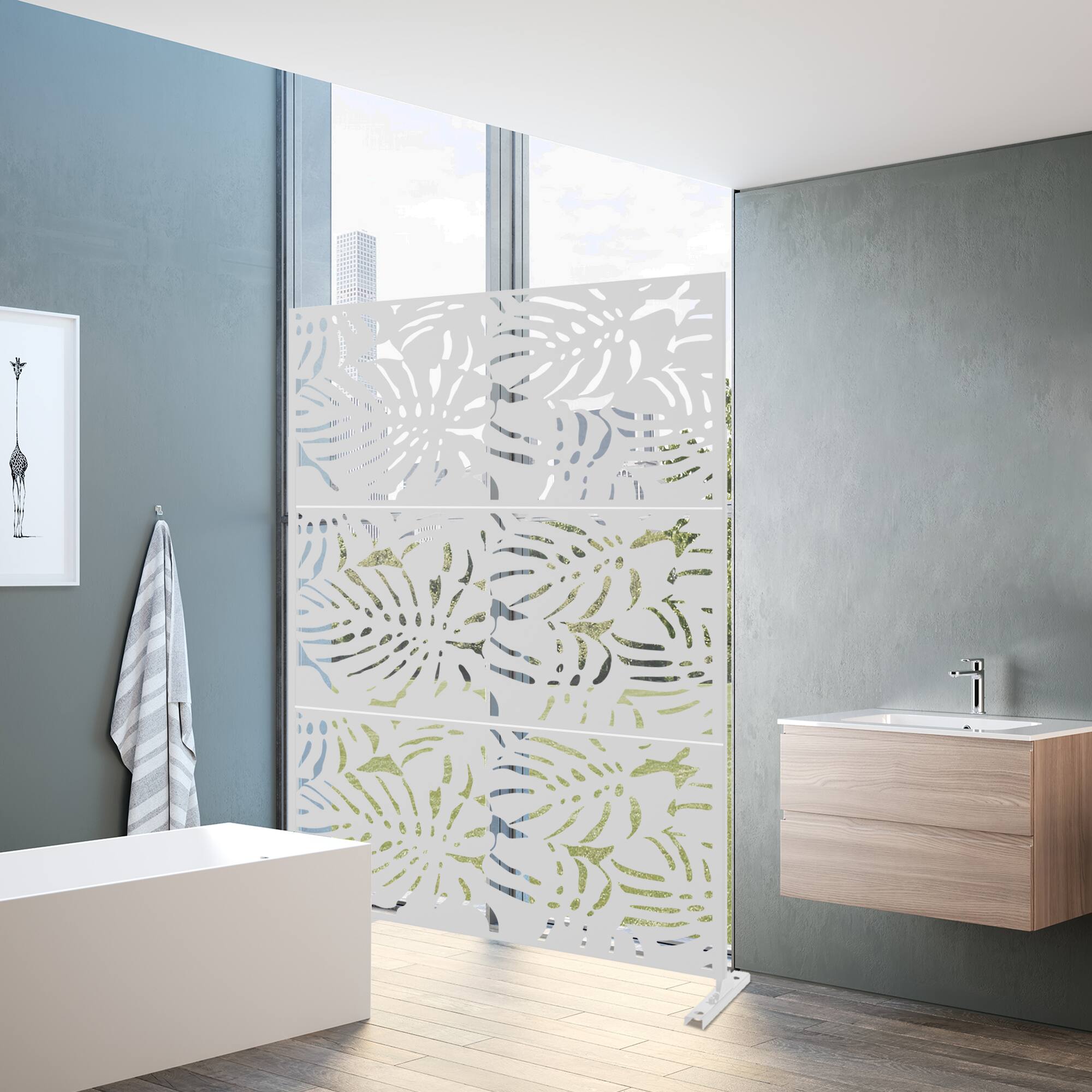 Alt View 2. PexFix - 72 in. x 47 in. Summer Pattern Metal Outdoor Privacy Screen & Panels, Freestanding Garden Divider Fence - White.